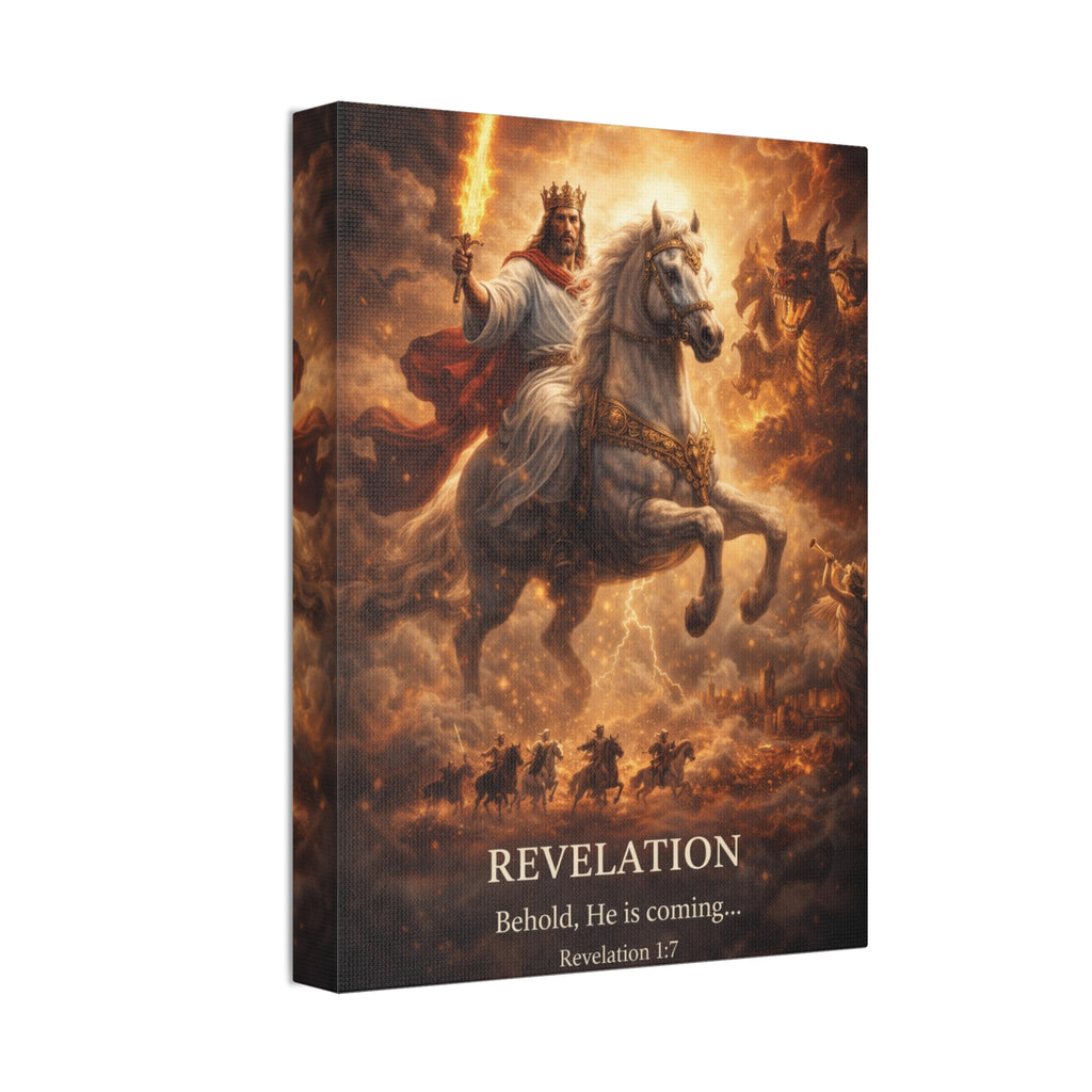 Revelation Canvas Art – “Behold, He Is Coming” Biblical Horseman Wall Decor | Christian Scripture Canvas