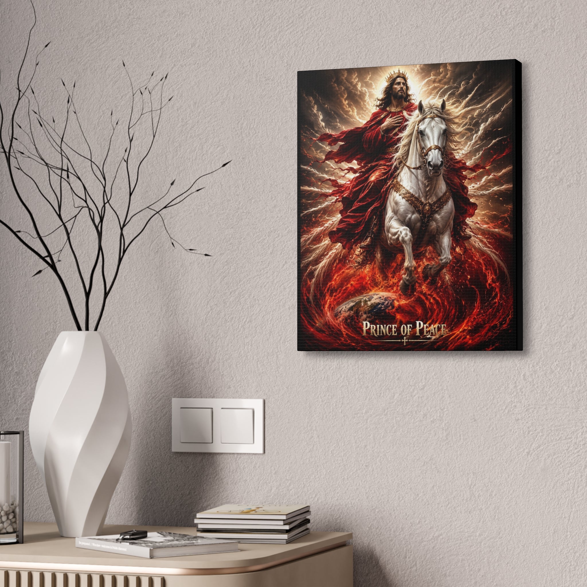 Christian canvas wall art featuring Jesus riding a white horse with peaceful radiant lighting and inspirational Prince of Peace imagery in gallery-style decor.