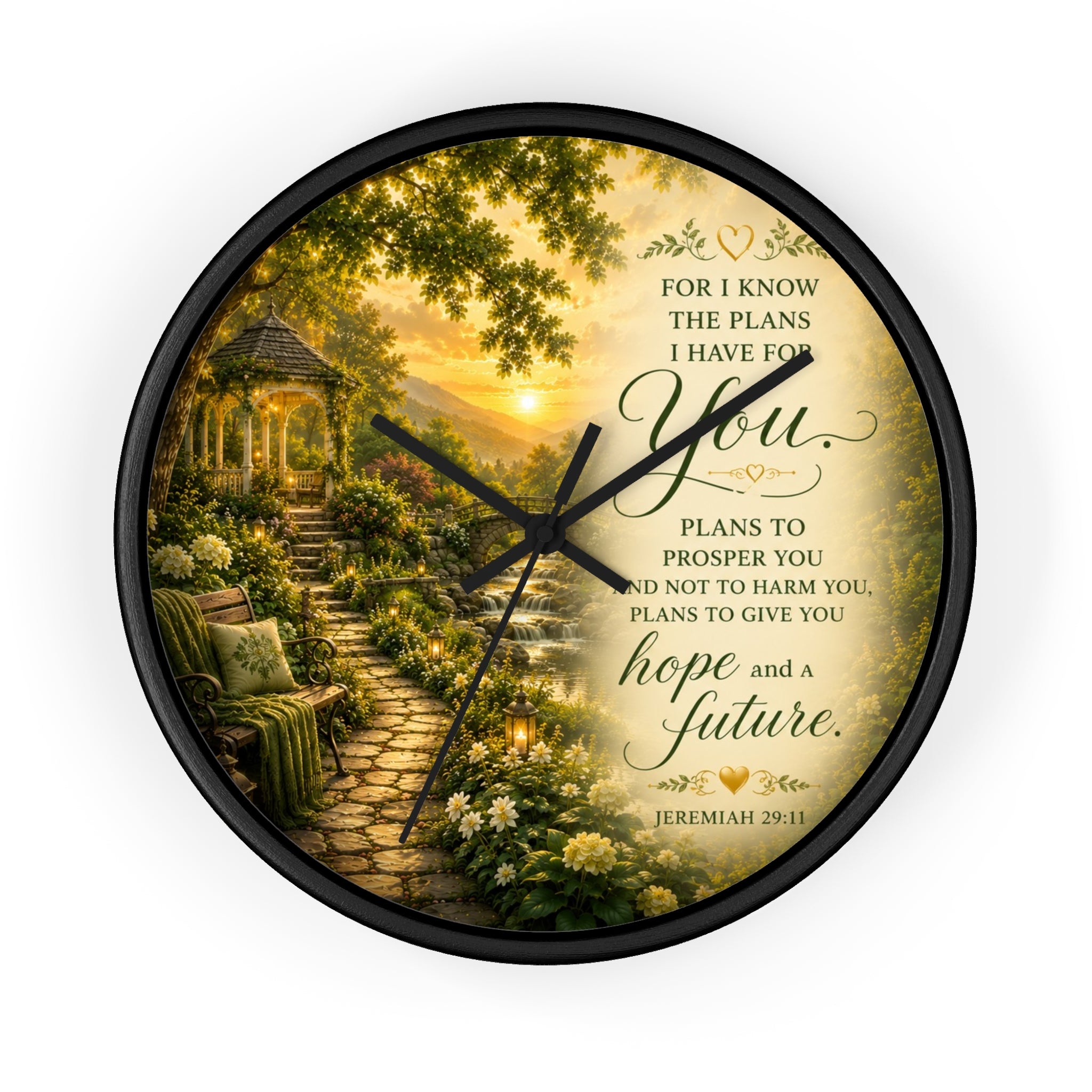 Inspirational Christian wall clock featuring a peaceful garden pathway, gazebo, and Jeremiah 29:11 scripture about hope and a future in warm sunset tones.