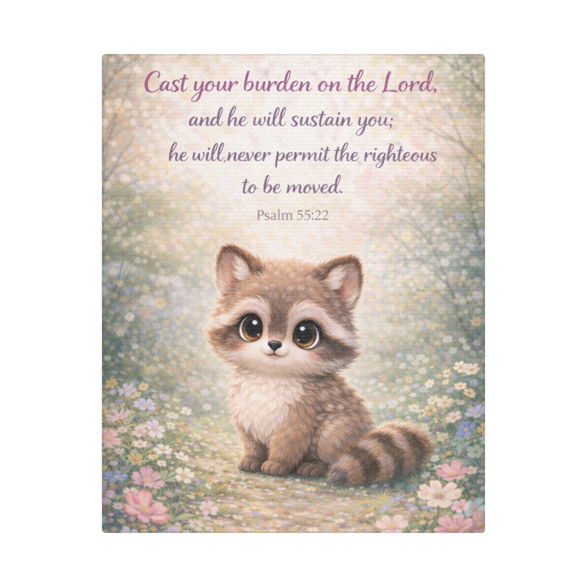 Scripture Woodland Animals – Raccoon – Psalm 55:22 Canvas Print