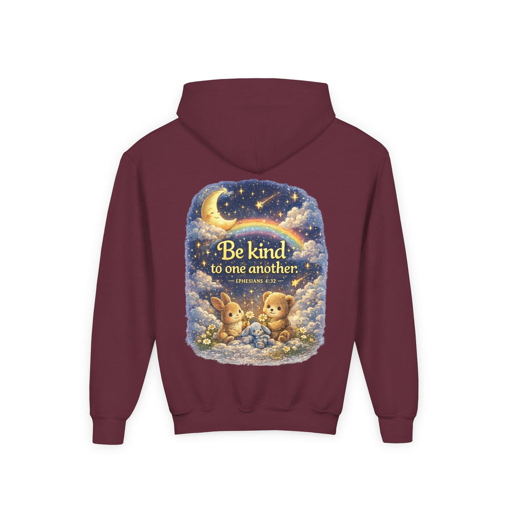 Youth “Be Kind to One Another” Hoodie – Cute Bunny Night Sky Scripture Sweatshirt
