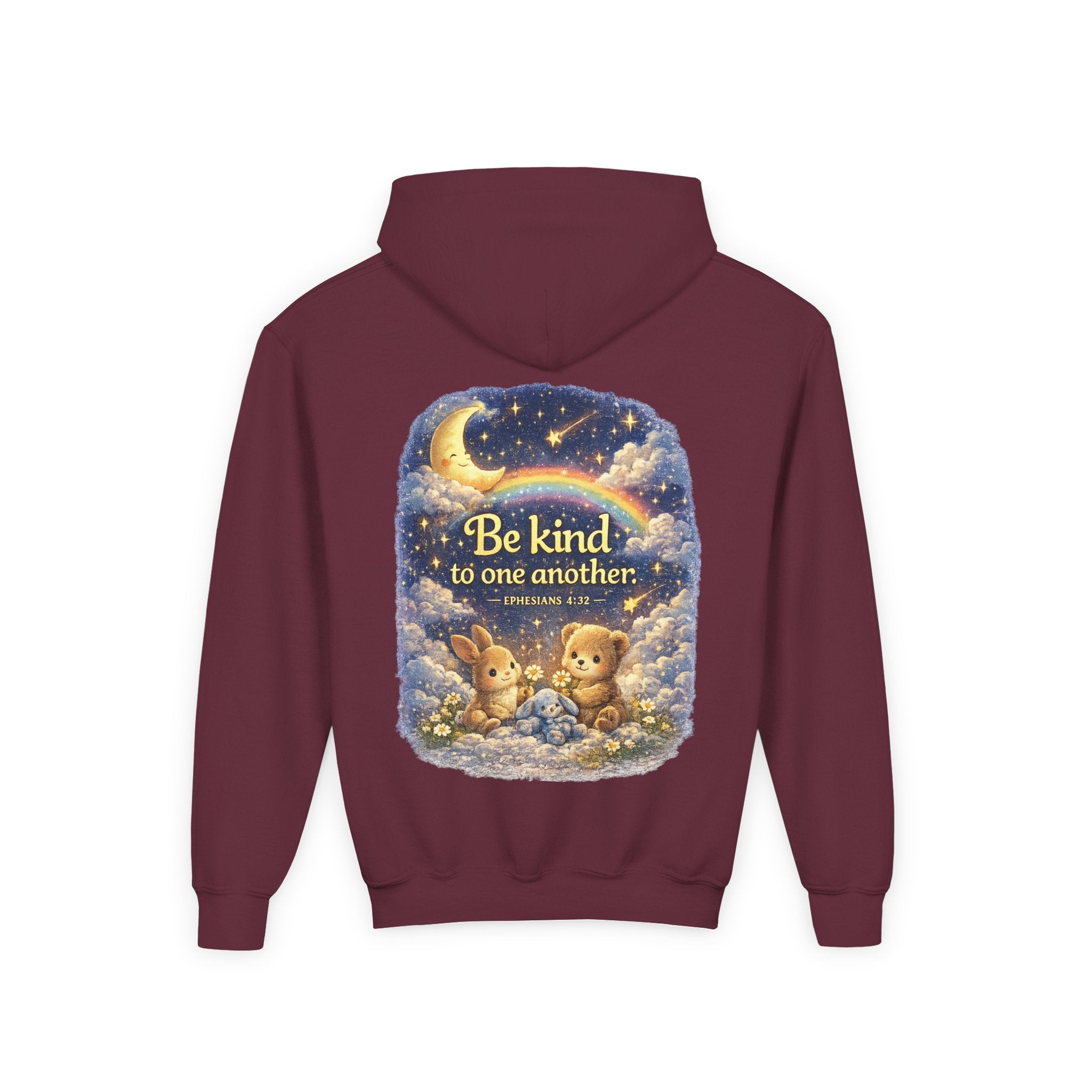 Youth “Be Kind to One Another” Hoodie – Cute Bunny Night Sky Scripture Sweatshirt