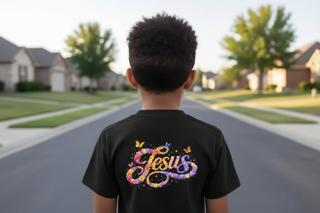 Youth Jesus Floral Script T-Shirt – Butterfly Christian Kids Tee | Faith Youth Shirt