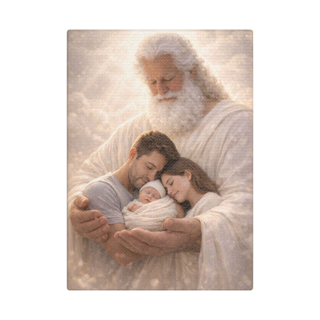 Safely in His Hands Canvas — Family Sleeping in God's Embrace | Christian Family Wall Art