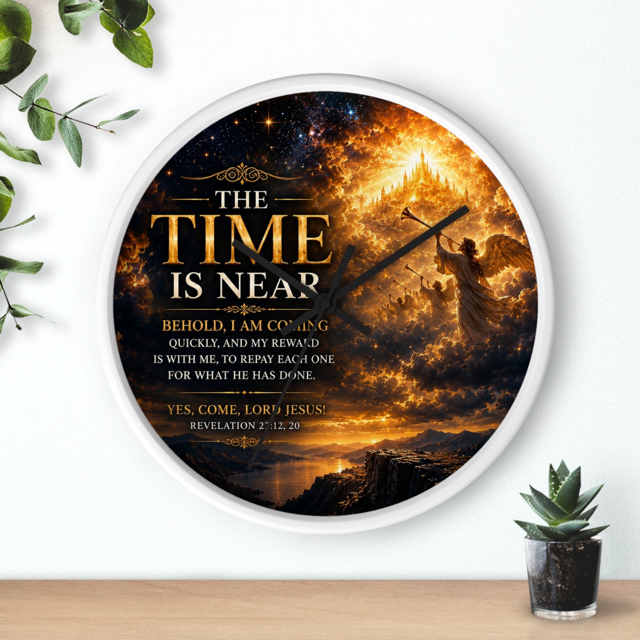 Inspirational Christian wall clock featuring fiery skies, a radiant heavenly city, and Revelation 22:12-20 scripture artwork with “The Time Is Near” message.