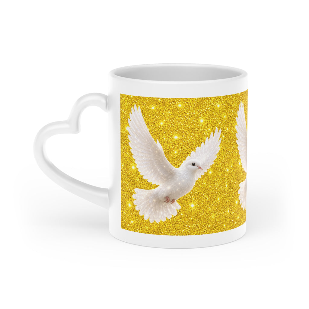 White ceramic heart-shaped handle mug featuring elegant white doves flying across a sparkling gold glitter-inspired background with vibrant wraparound artwork.