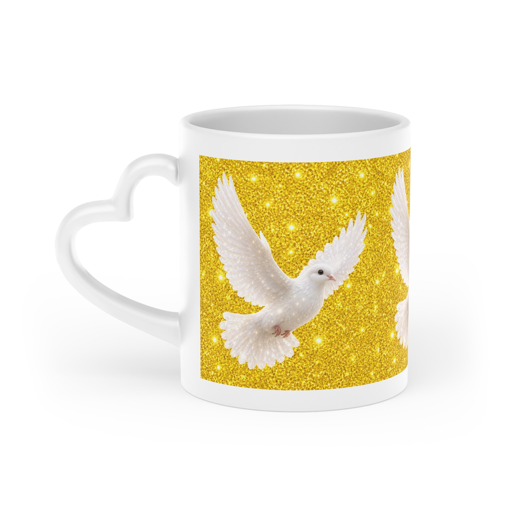 White ceramic heart-shaped handle mug featuring elegant white doves flying across a sparkling gold glitter-inspired background with vibrant wraparound artwork.