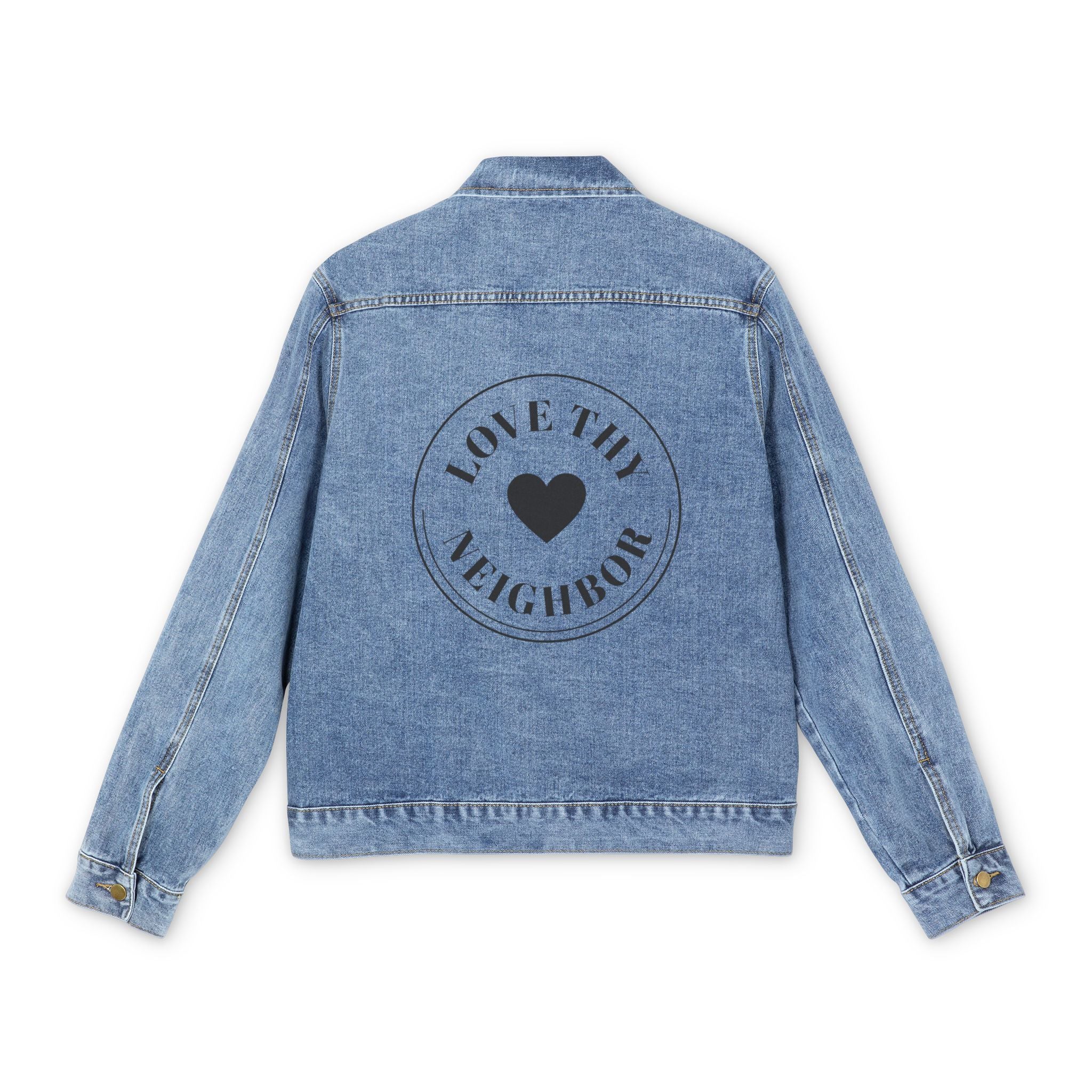 Denim Jacket — ‘Love Thy Neighbor’ Heart Back Print Men’s Jean Jacket