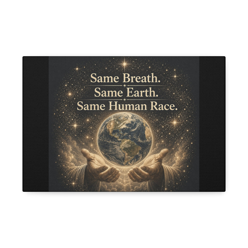 Inspirational canvas wall art featuring the earth held in gentle hands surrounded by glowing stars with the quote “Same Breath. Same Earth. Same Human Race.” in warm golden tones.