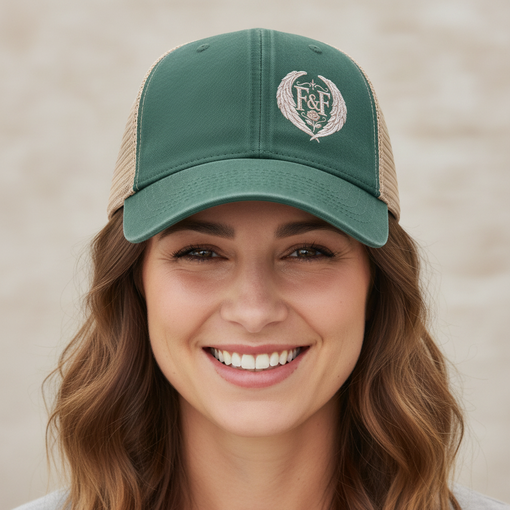 Women’s washed mesh-back cap featuring the Faith & Freedom logo with vintage styling, breathable mesh panels, and concealed ponytail opening.