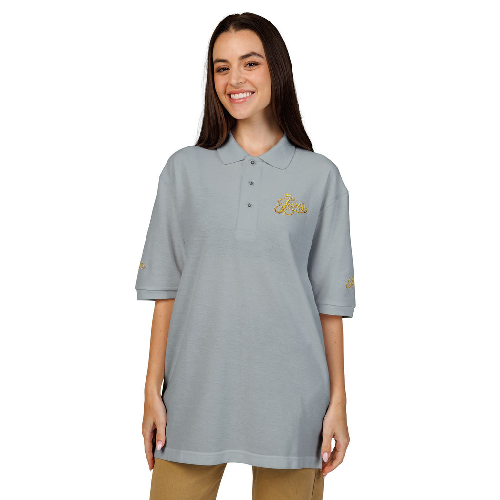 Jesus Gold Fleur Embroidered Polo – Christian Faith Collared Shirt | Elegant Unisex Church Polo
