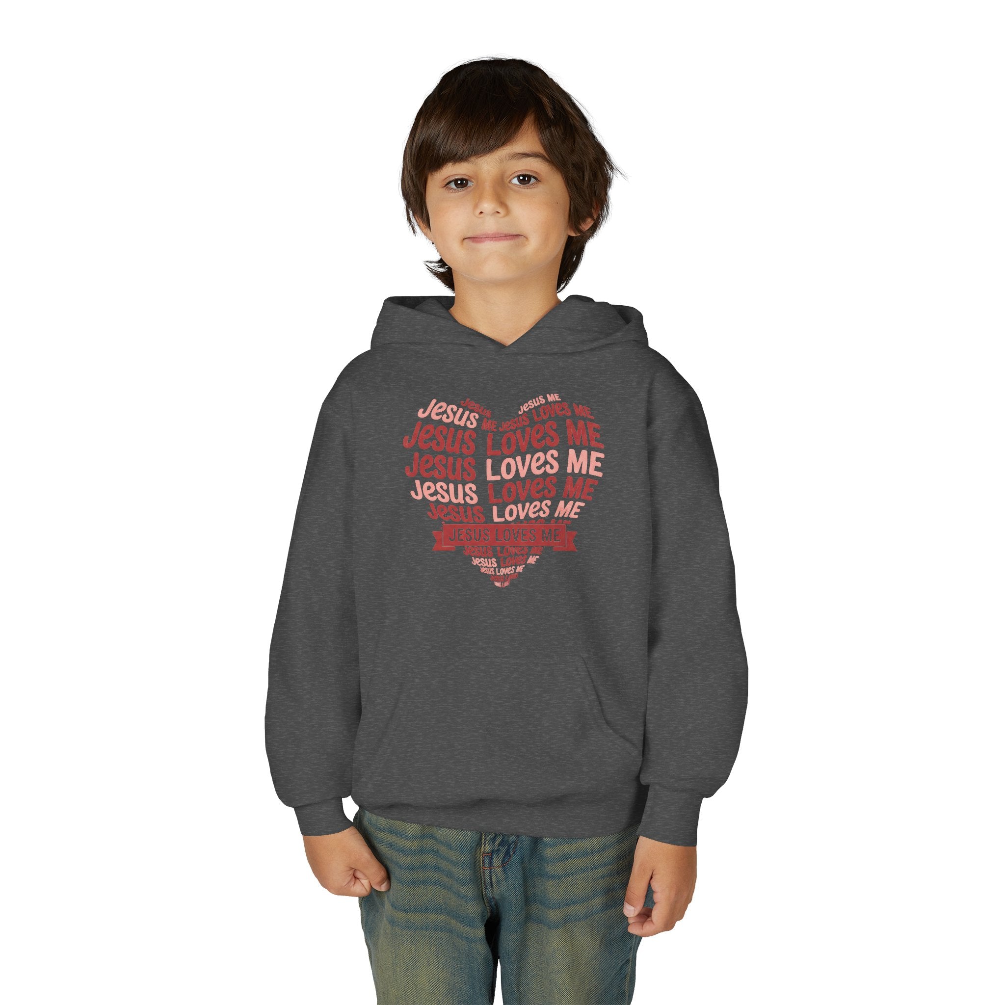 Jesus Loves Me Youth Hoodie – Heart Word Cloud Christian Kids Sweatshirt | Faith Inspired Kids Apparel