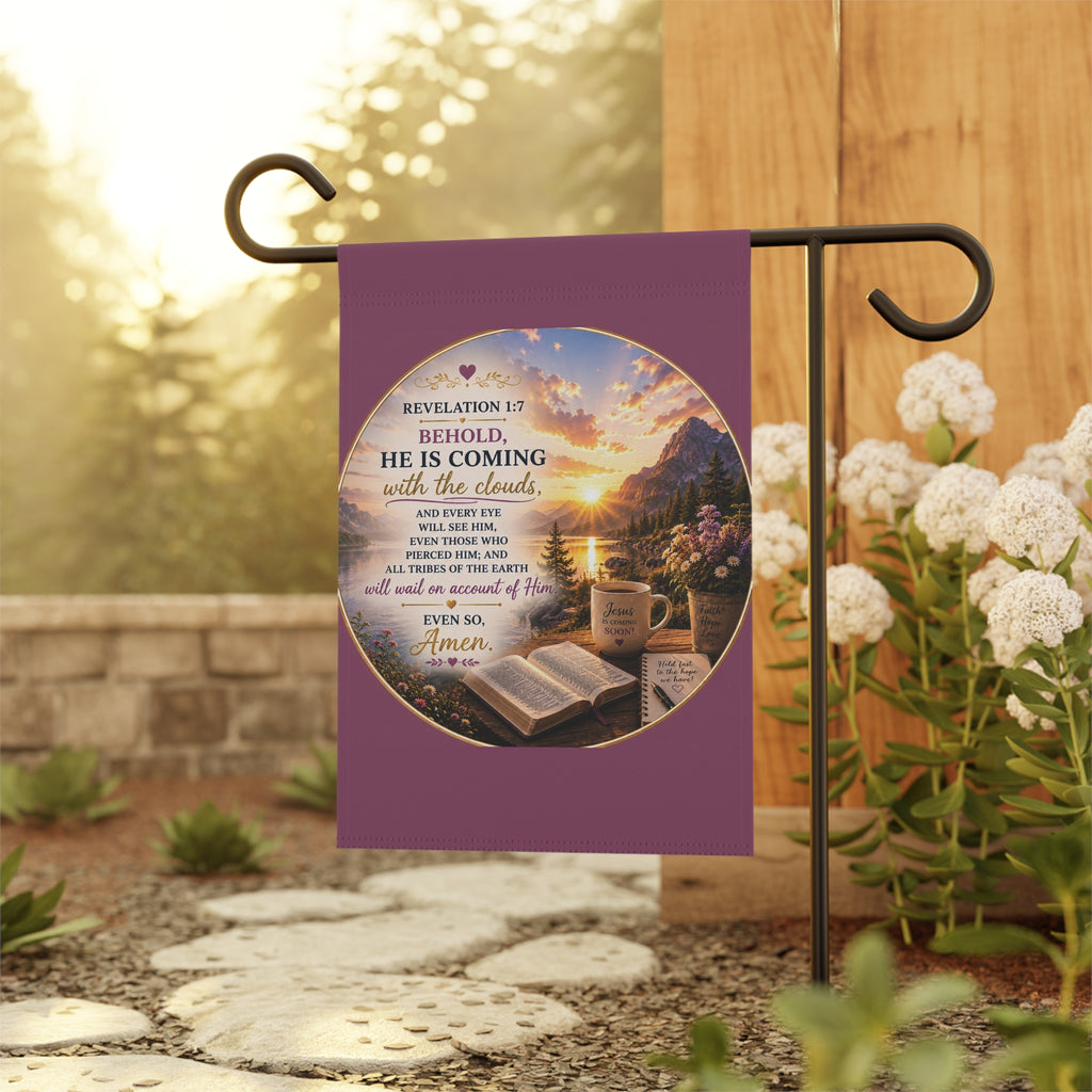Inspirational Christian memorial garden flag featuring a glowing pathway, peaceful bench, and comforting “He Will Wipe Away Every Tear” scripture artwork in warm sunset tones.