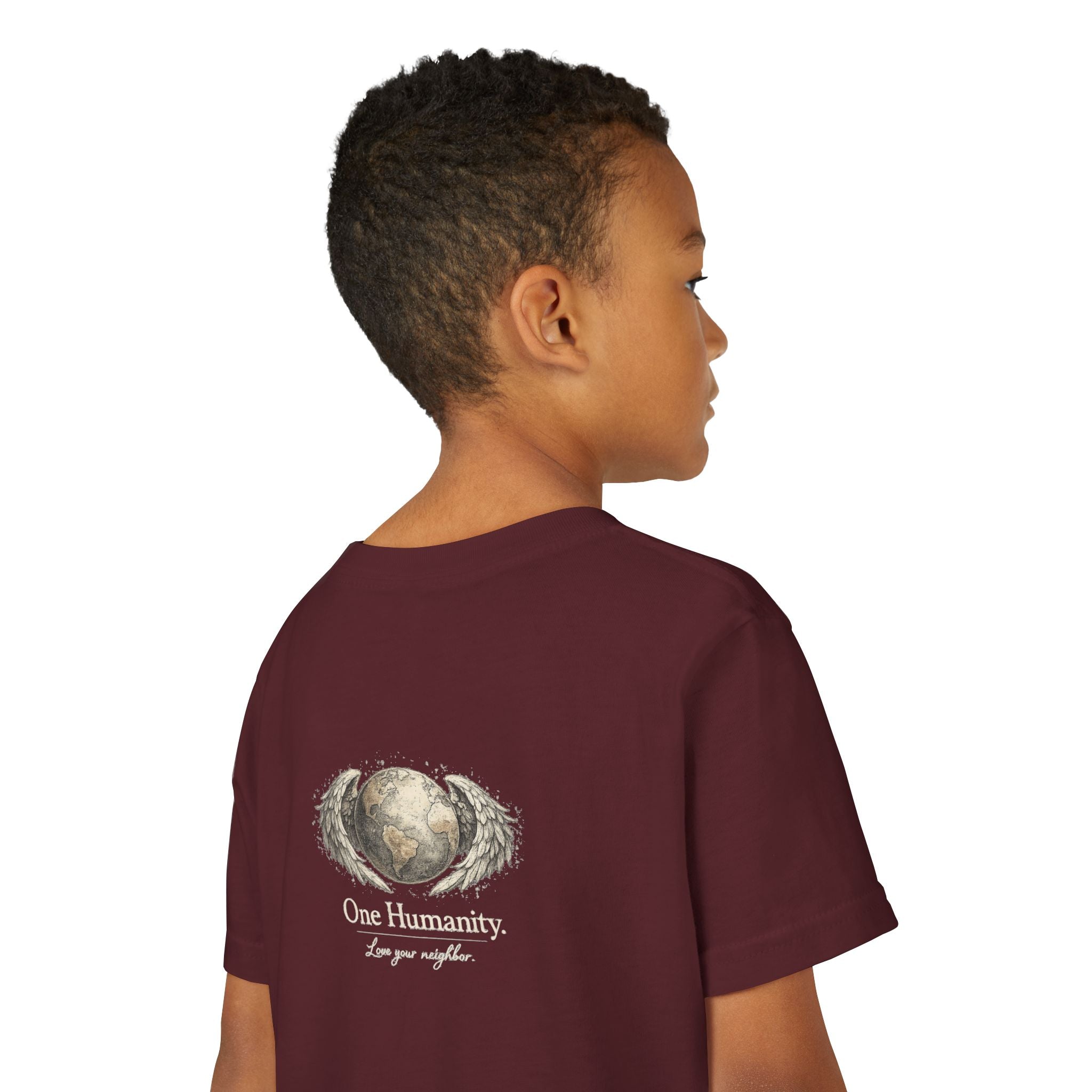 Youth “Quiet Kindness Changes Everything” Tee – Kids Inspirational T-Shirt with Earth & Friends Graphic