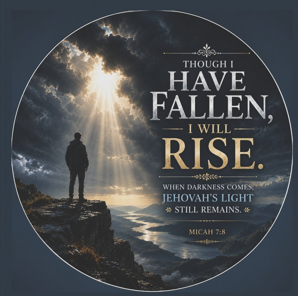 Inspirational Christian garden flag featuring golden light breaking through storm clouds over a rocky shoreline with the phrase “Though I Have Fallen, I Will Rise.”
