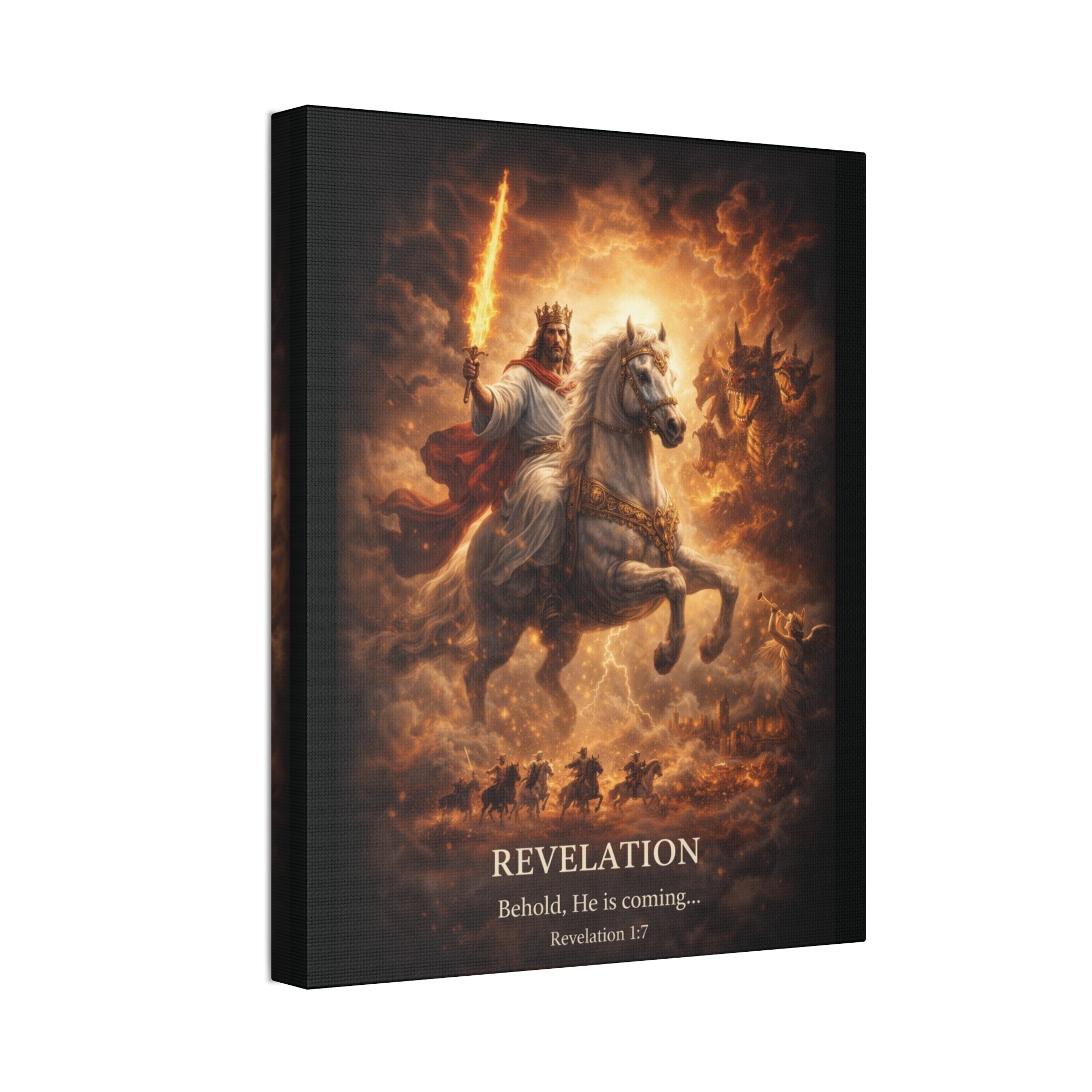 Revelation Canvas Art – “Behold, He Is Coming” Biblical Horseman Wall Decor | Christian Scripture Canvas