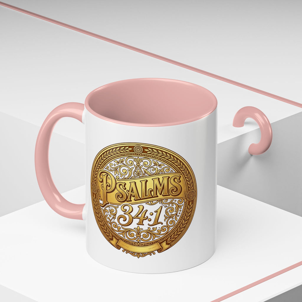 Inspirational Christian ceramic accent coffee mug featuring Psalm 34:1 in an ornate gold medallion design with colorful handle and interior accents.