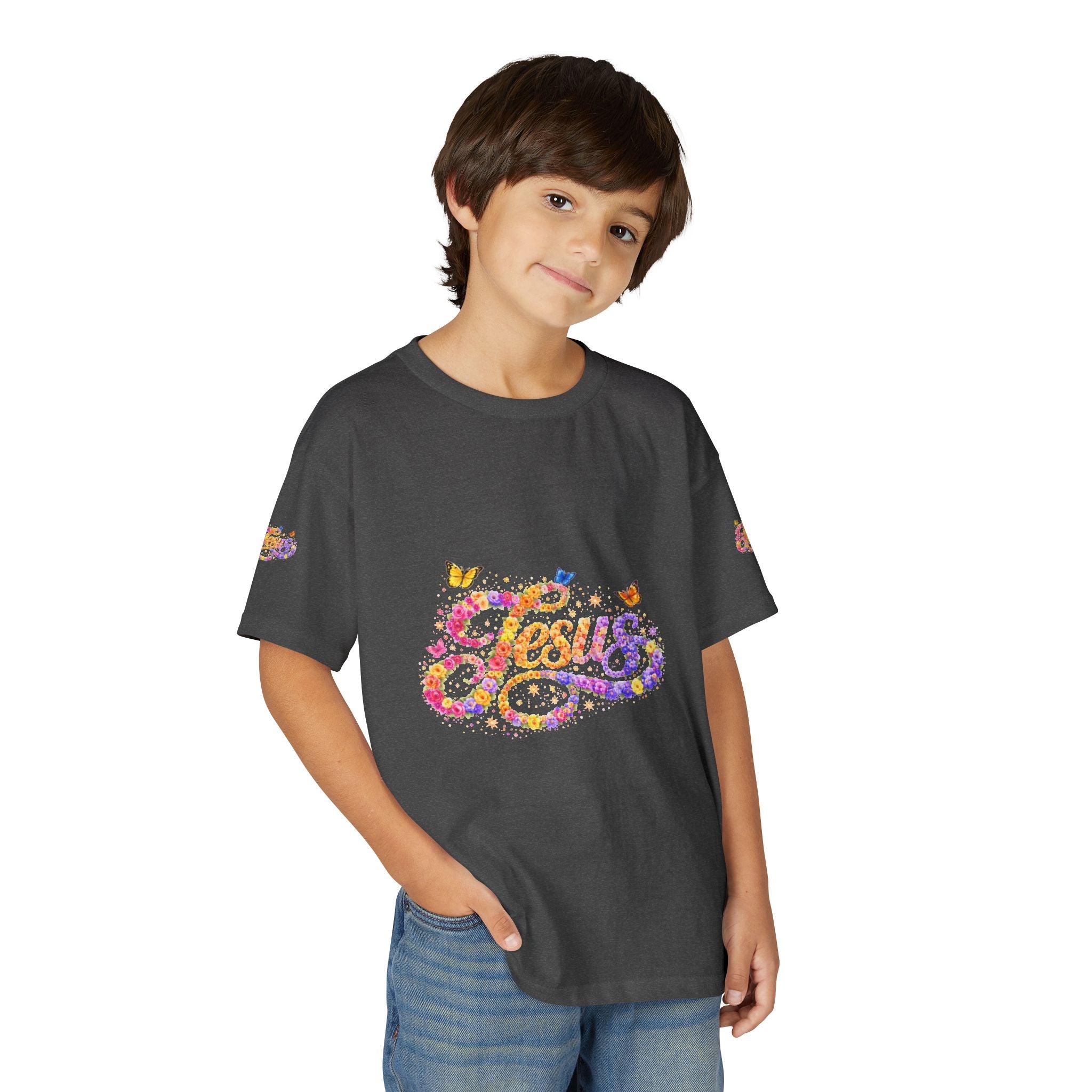 Youth Jesus Floral Butterfly T-Shirt – Christian Kids Faith Tee | Gratitude Sneaker Style Shirt