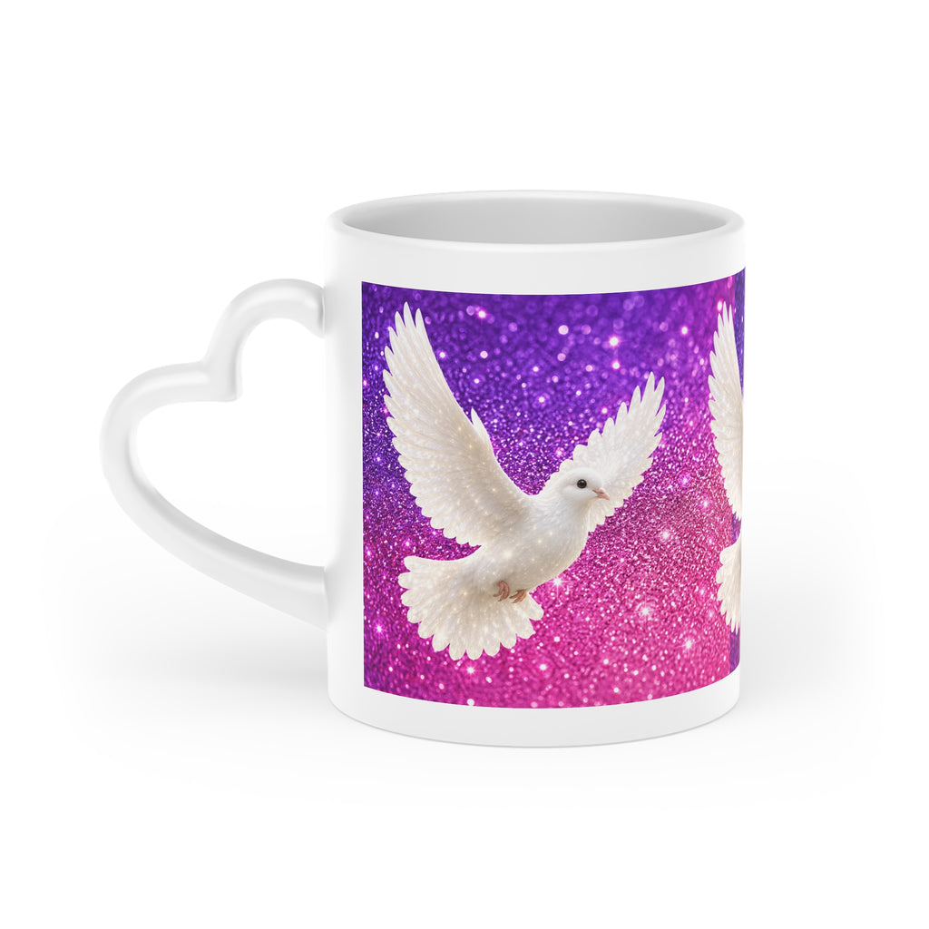 White ceramic heart-shaped handle mug featuring white doves flying across a sparkling pink and purple gradient background with vibrant wraparound artwork.