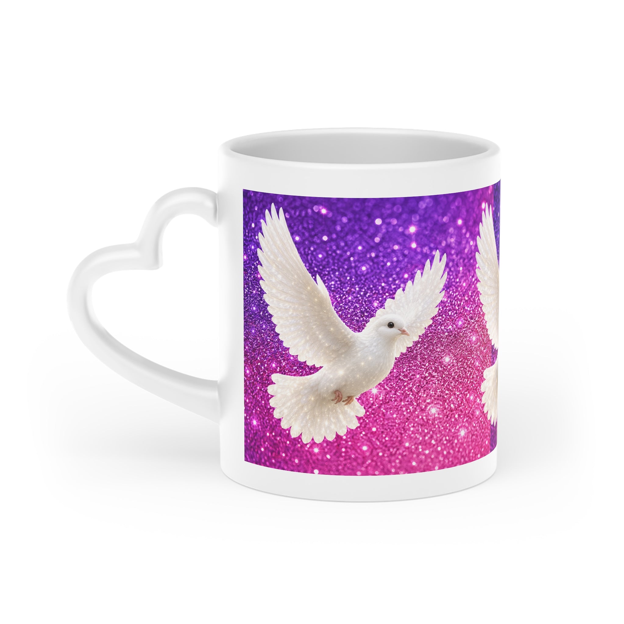 White ceramic heart-shaped handle mug featuring white doves flying across a sparkling pink and purple gradient background with vibrant wraparound artwork.