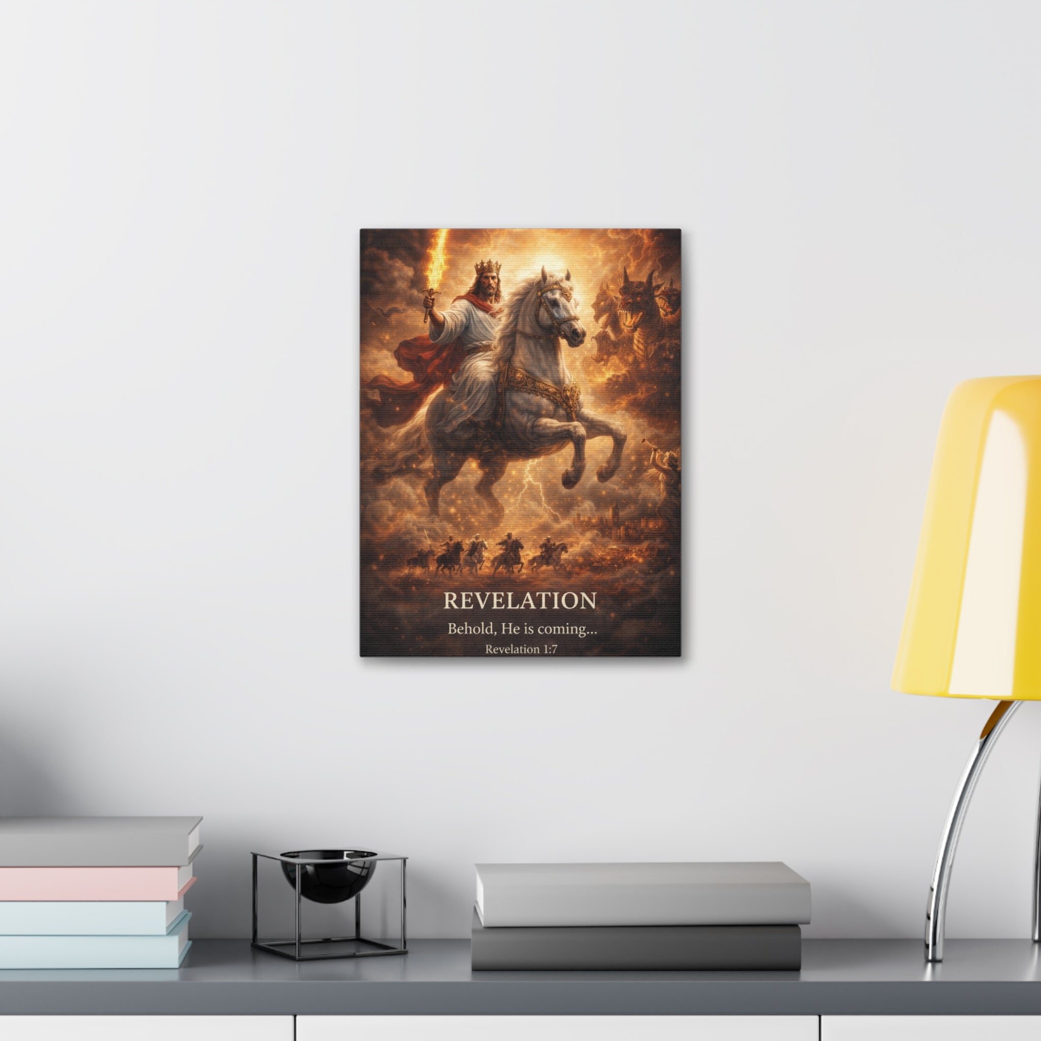 Revelation Canvas Art – “Behold, He Is Coming” Biblical Horseman Wall Decor | Christian Scripture Canvas