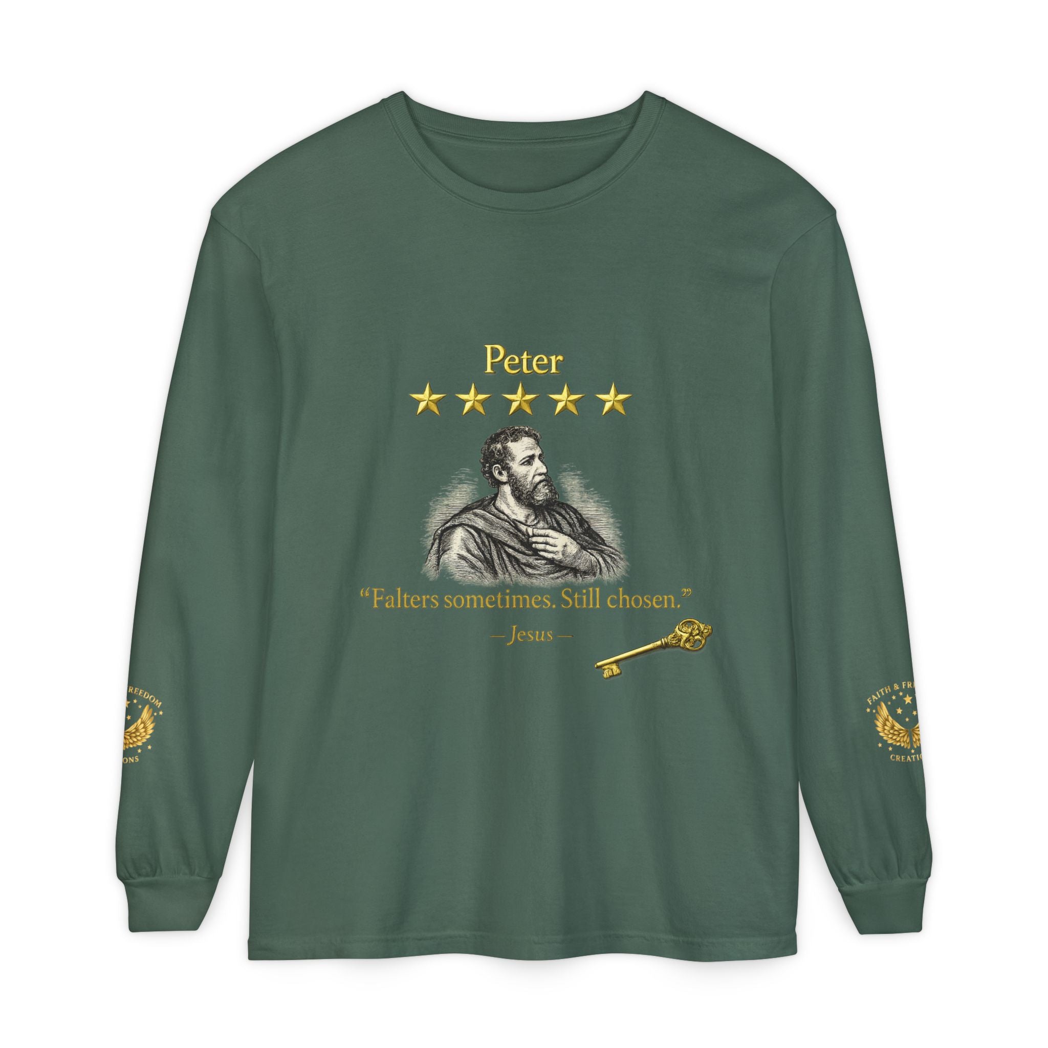 Peter Scripture Long Sleeve T-Shirt — "Falters sometimes. Still chosen." Review by Jesus