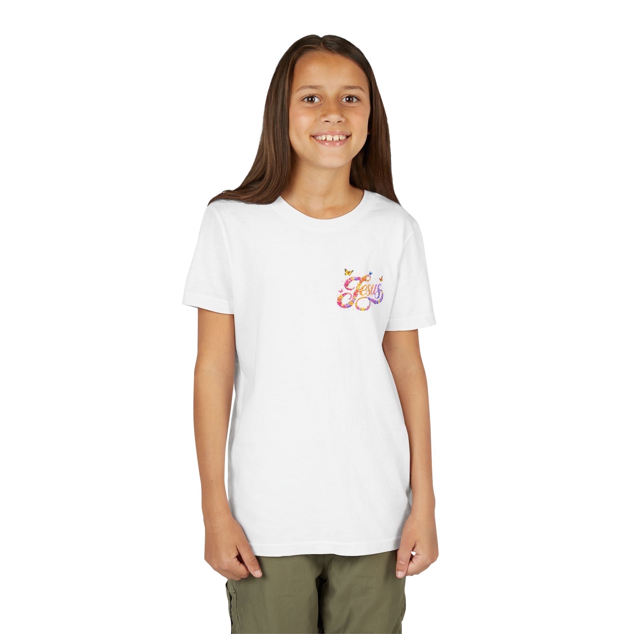 Youth Jesus Floral Script T-Shirt – Butterfly Christian Kids Tee | Faith Youth Shirt