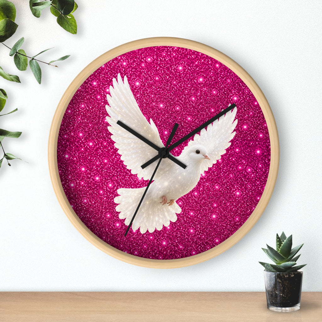 Dove Wall Clock — White Dove on Sparkling Hot Pink Background