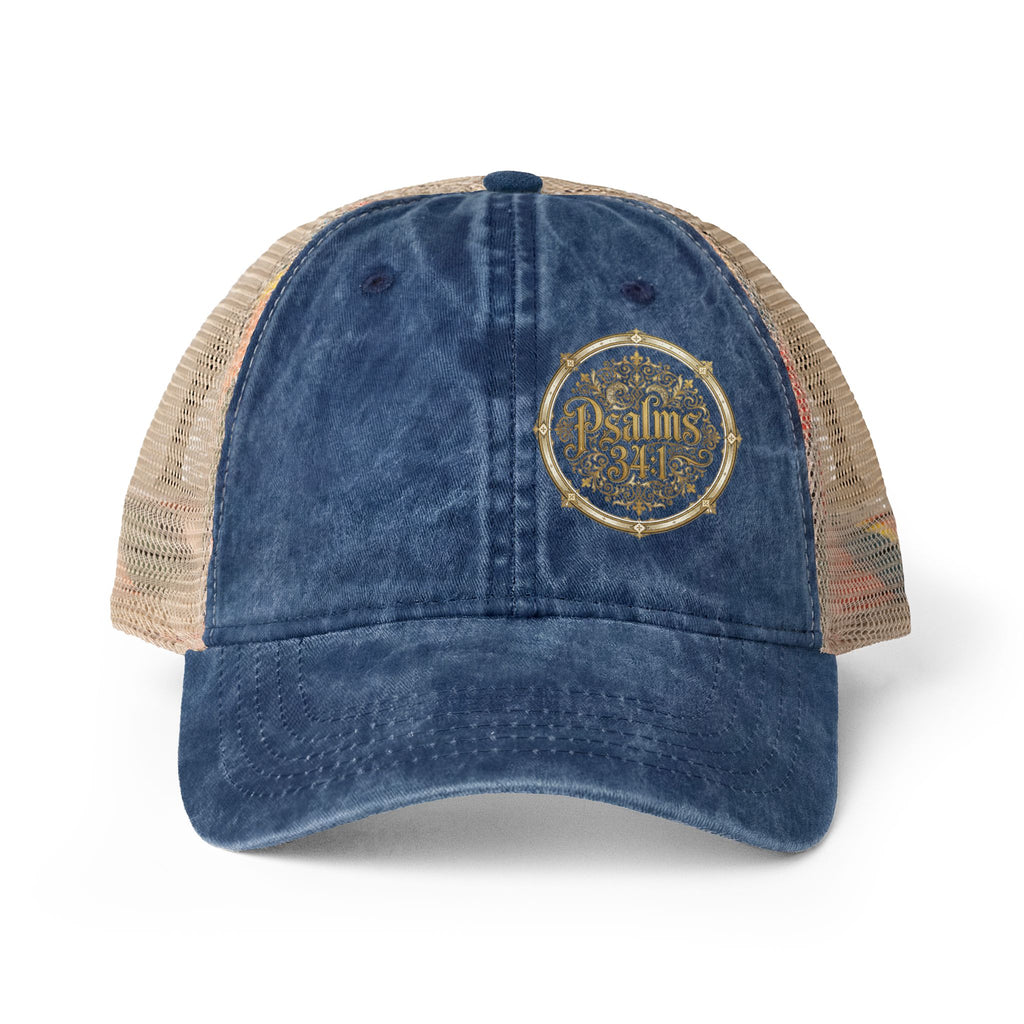 Women’s Washed Mesh-Back Cap – Psalm 34:1 Vintage Ponytail Hat | Faith & Freedom Creations