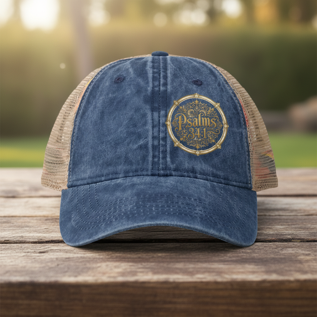 Women’s Washed Mesh-Back Cap – Psalms 34:1 Vintage Ponytail Hat | Faith & Freedom Creations