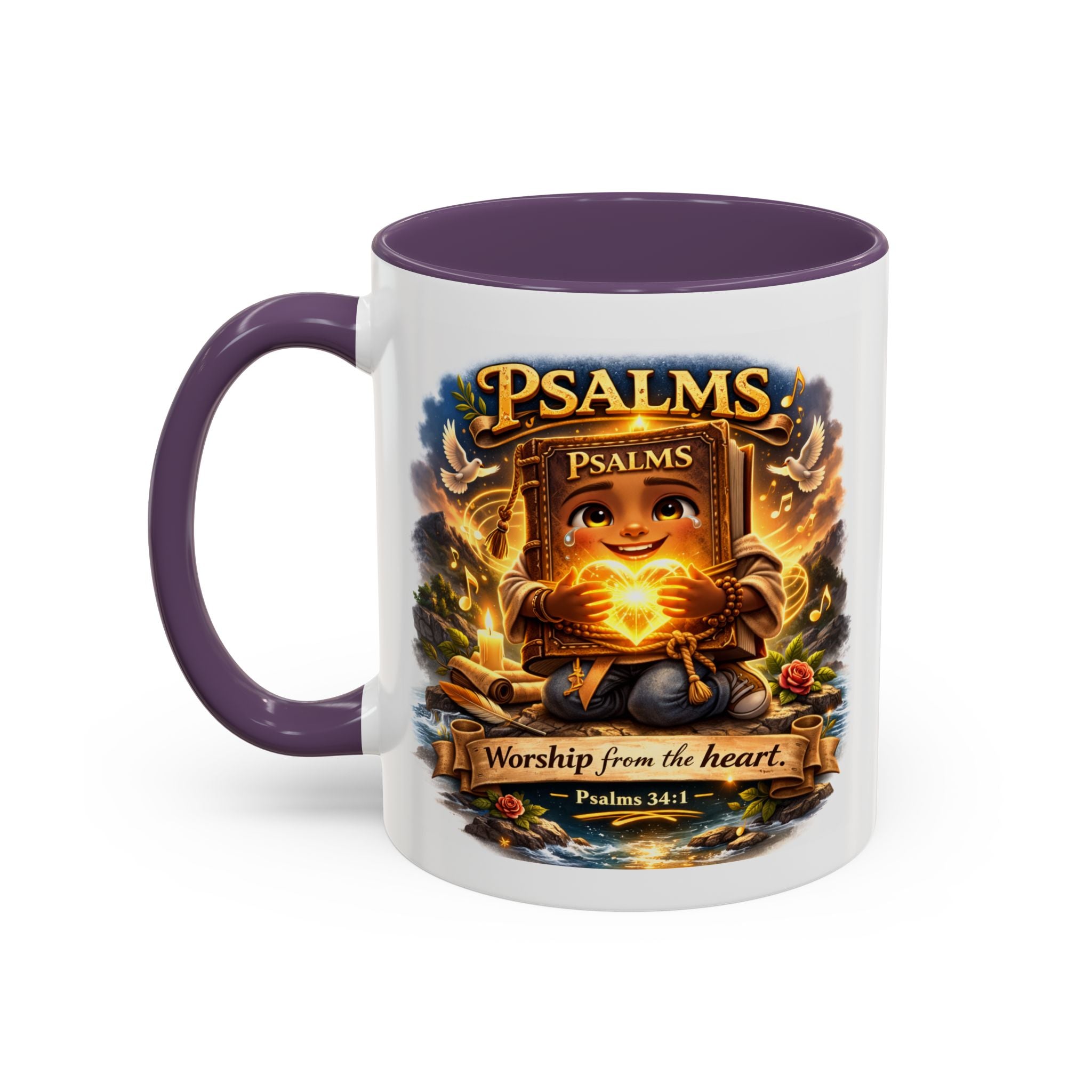 Inspirational Christian ceramic accent coffee mug featuring Psalm 34:1 and the message “Worship From the Heart” with colorful handle and interior accents on a glossy white mug.