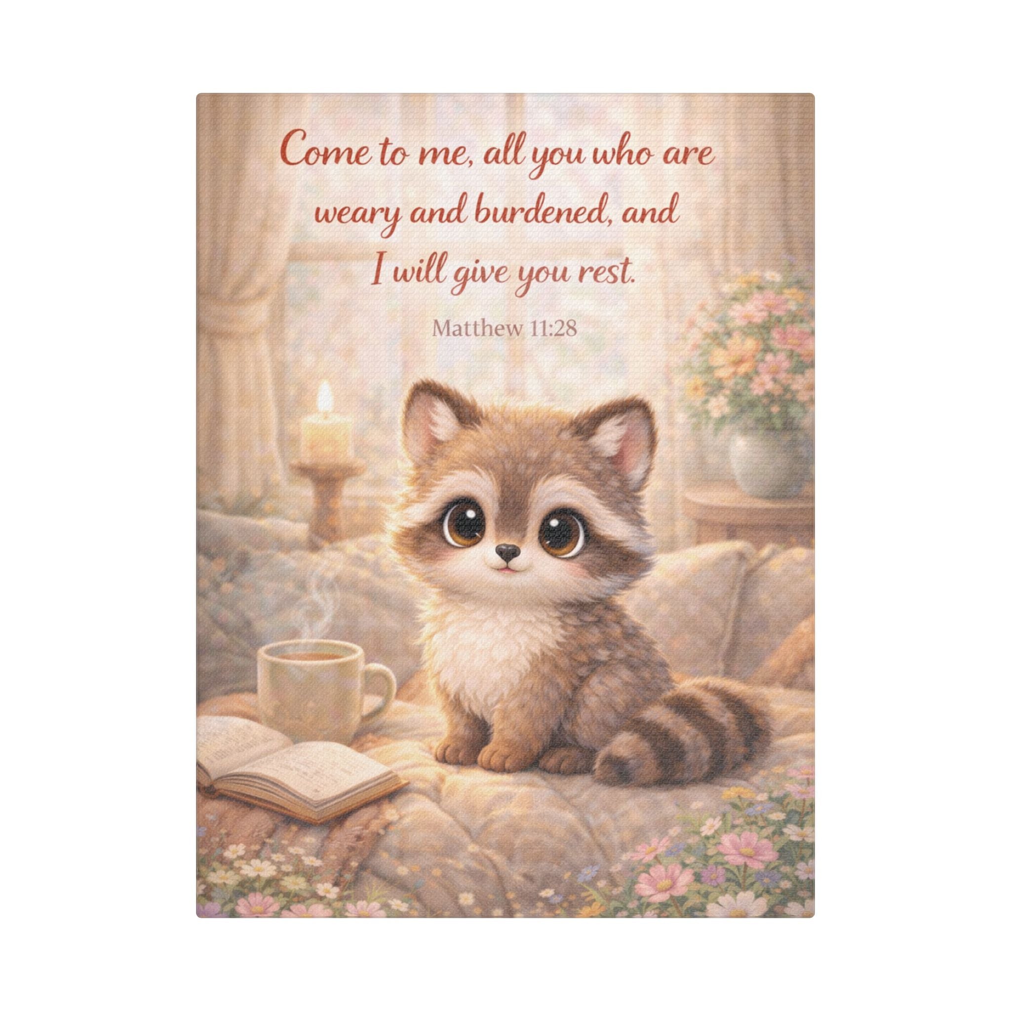 Scripture Woodland Animals – Raccoon – Matthew 11:28 Canvas Print