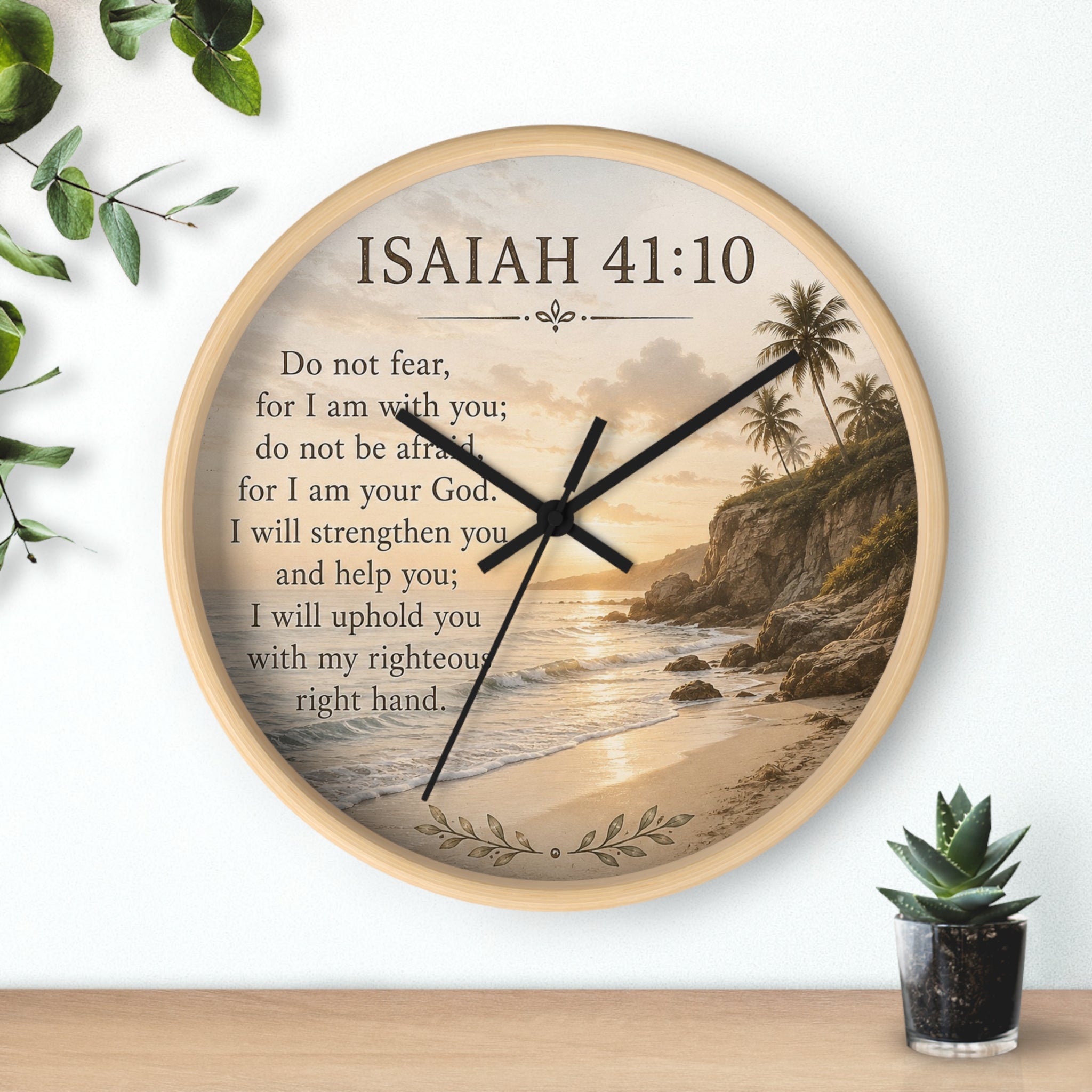 Inspirational Christian wall clock featuring Isaiah 41:10 scripture with faith-centered artwork and silent movement for peaceful home décor.
