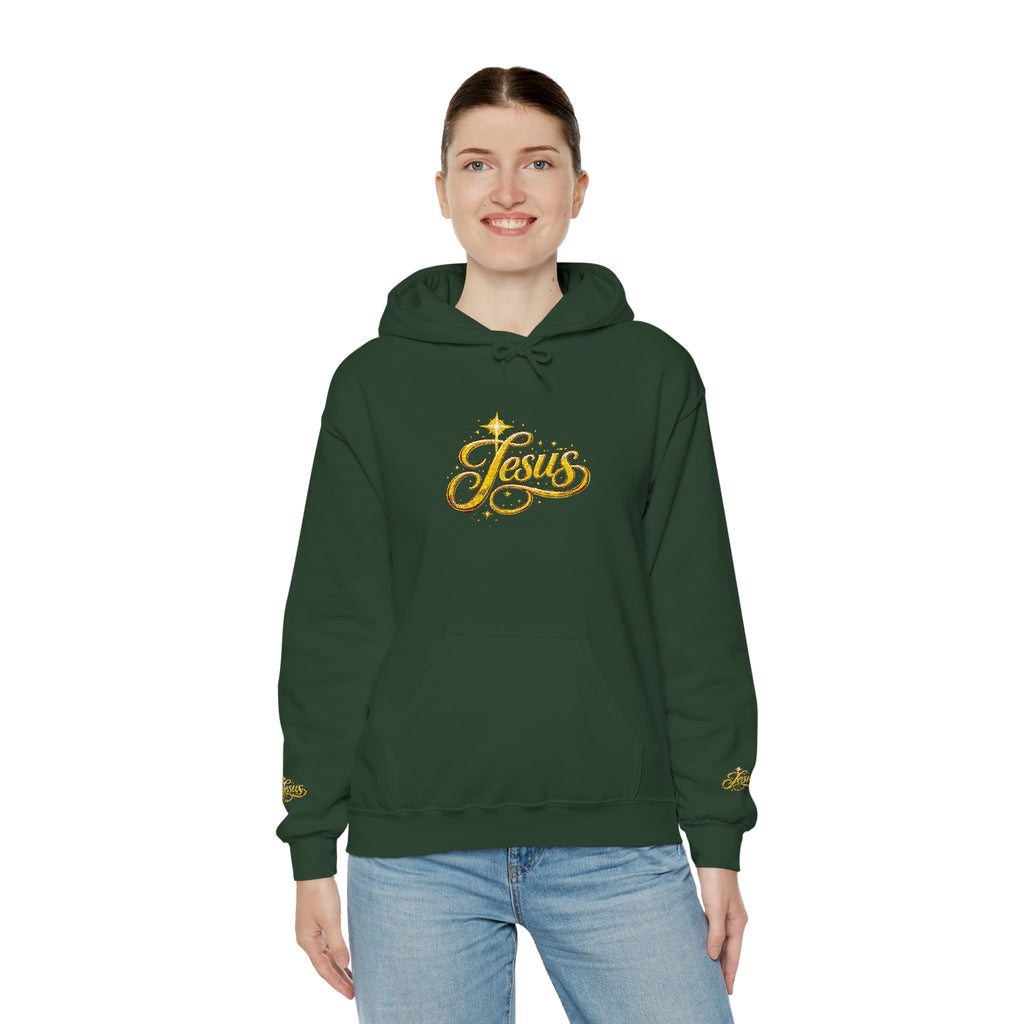 Jesus Gold Script Hoodie – Sparkle Christian Faith Pullover | Inspirational Hoodie