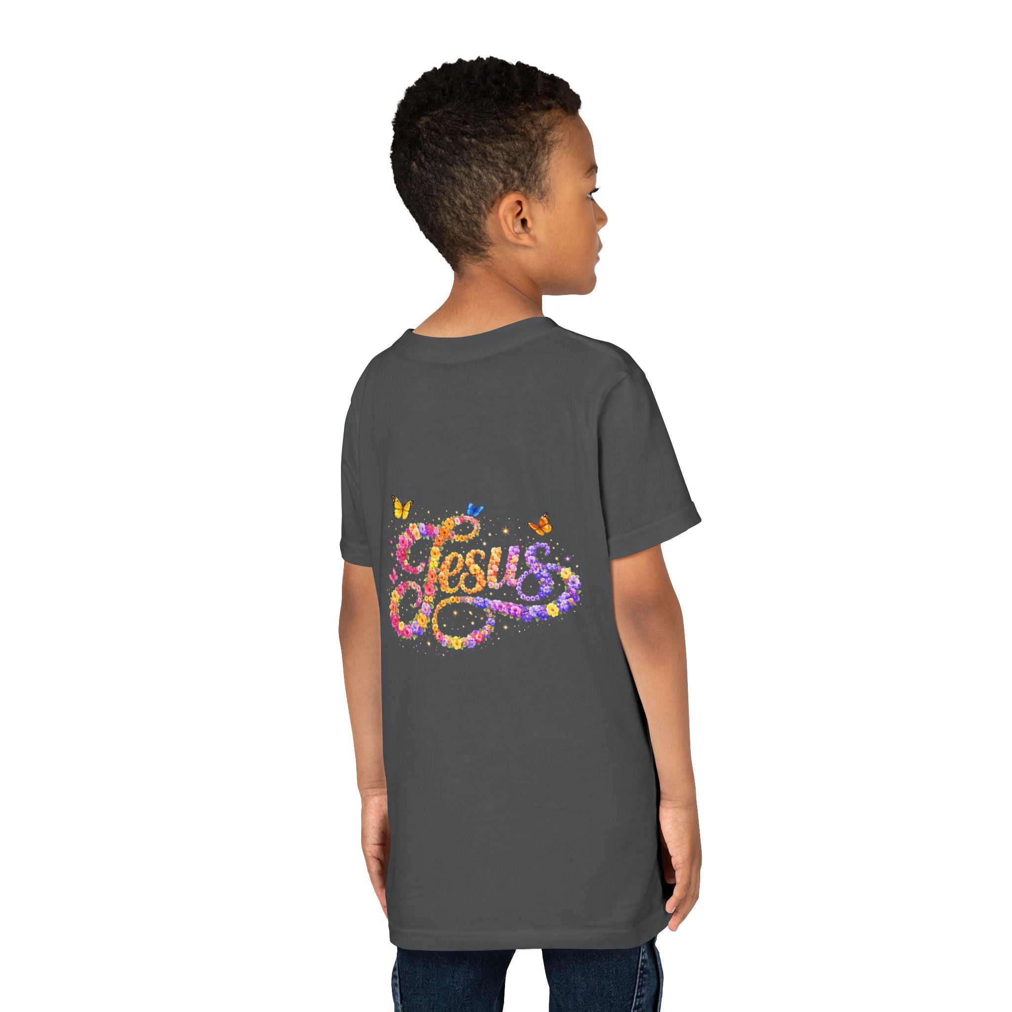 Youth Jesus Floral Script T-Shirt – Butterfly Christian Kids Tee | Faith Youth Shirt