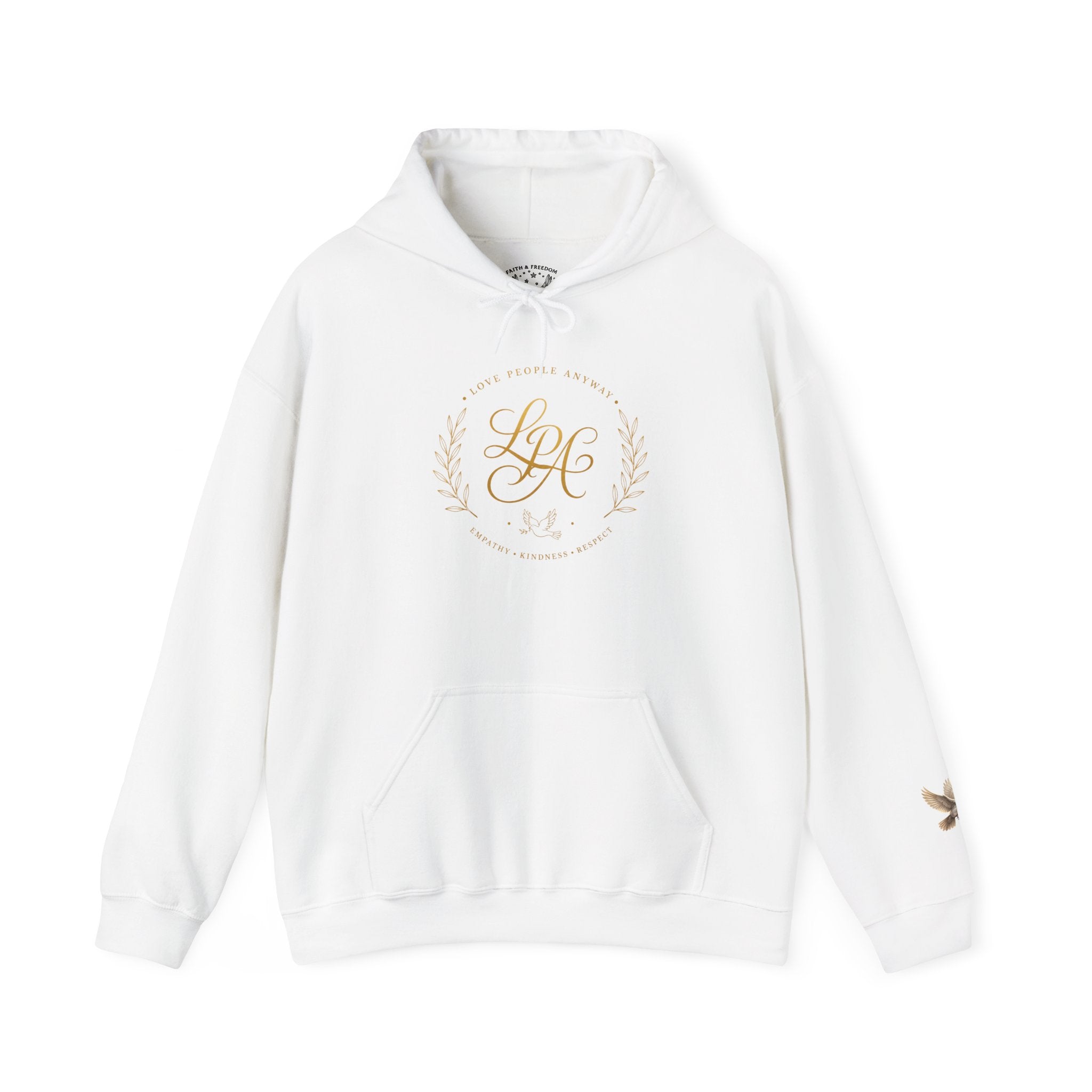 Inspirational Christian hoodie featuring elegant “Love People Anyway” script typography on a soft, cozy hooded sweatshirt designed to encourage kindness and compassion.