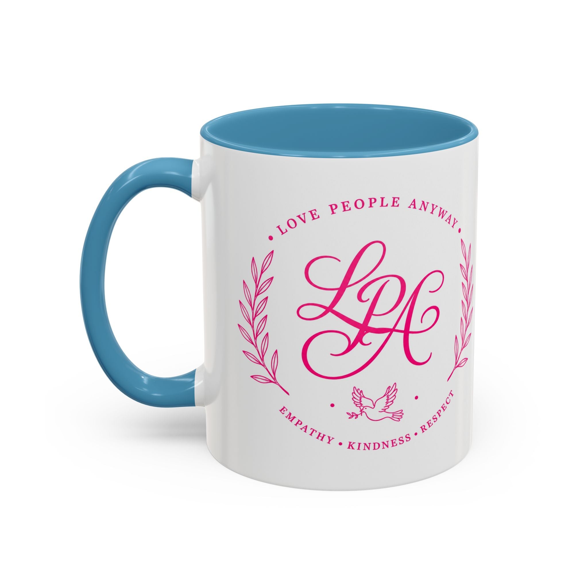 Love People Anyway Coffee Mug | Inspirational Pink Monogram Mug | Faith Freedom Creations
