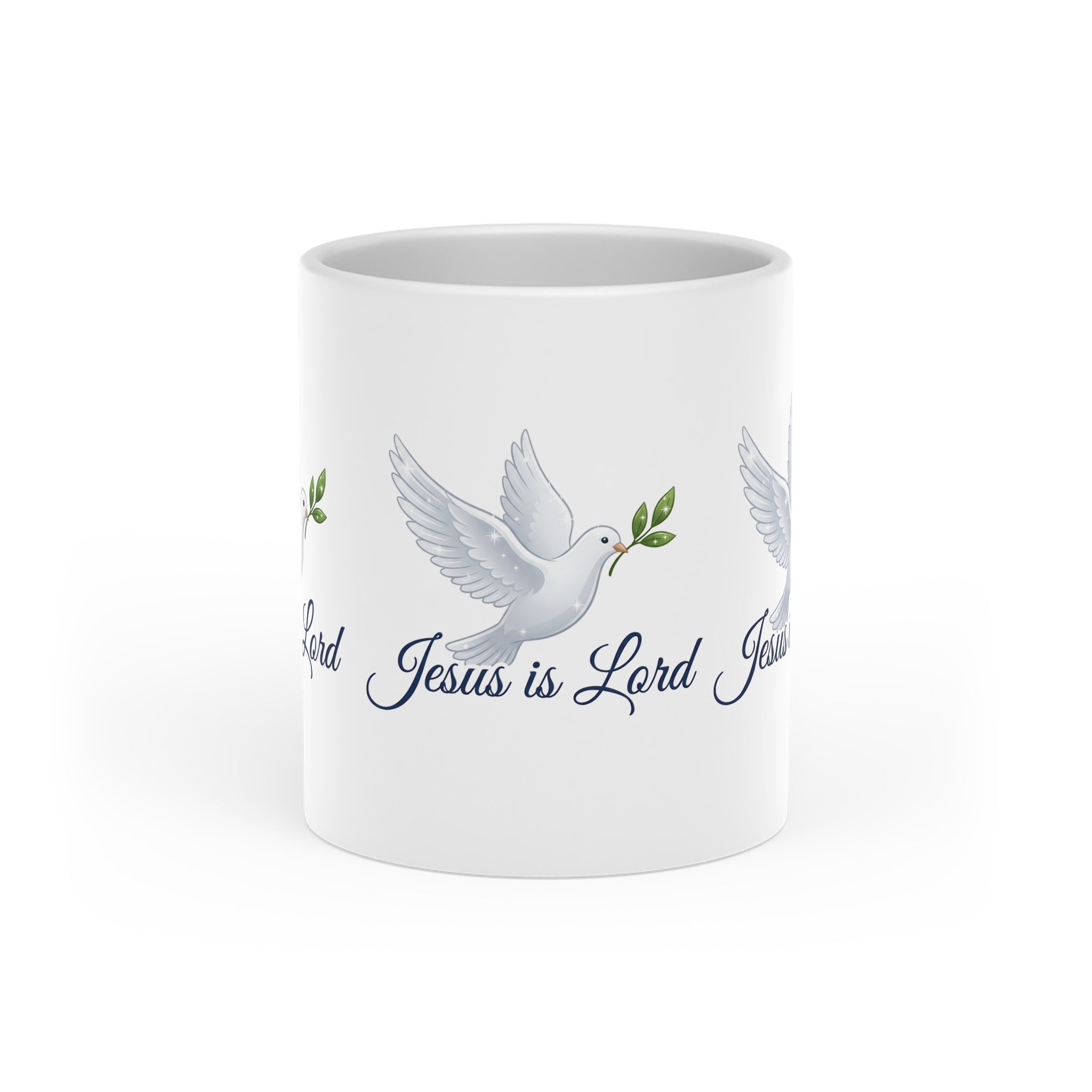 White ceramic heart-shaped handle mug featuring a white dove carrying an olive branch with the words "Jesus Is Lord" in elegant script on a glossy finish.
