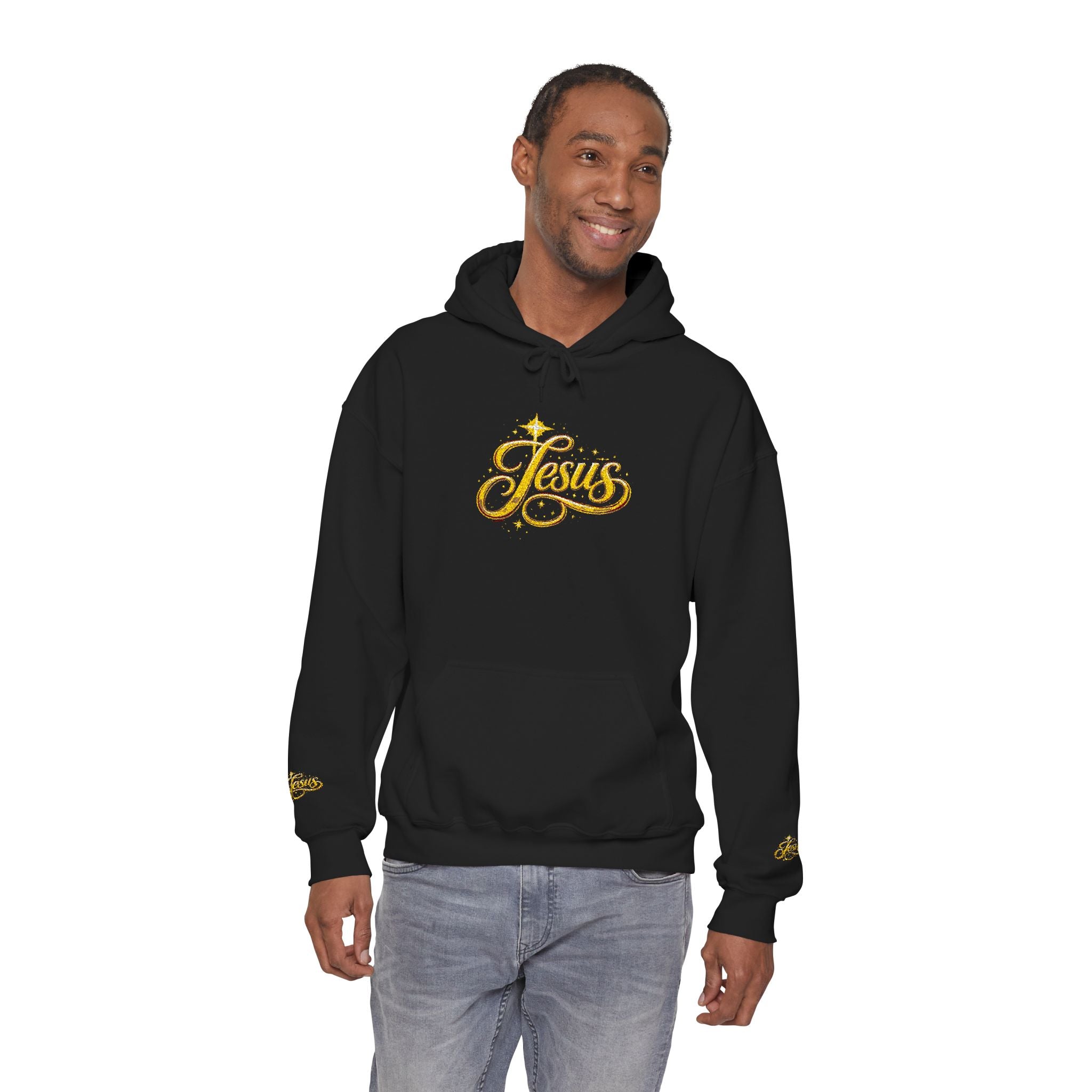 Jesus Gold Script Hoodie – Sparkle Christian Faith Pullover | Inspirational Hoodie