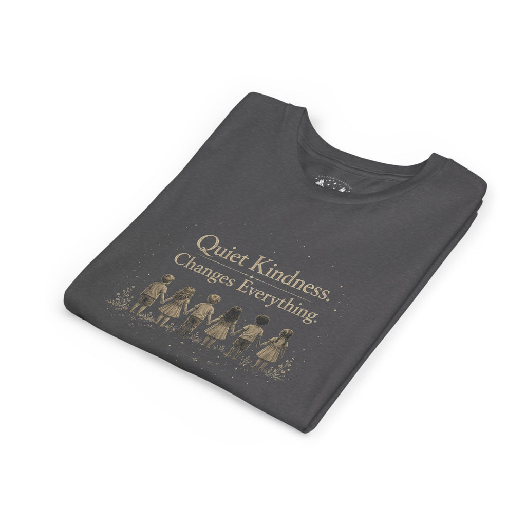 Youth “Quiet Kindness Changes Everything” Tee – Kids Inspirational T-Shirt with Earth & Friends Graphic