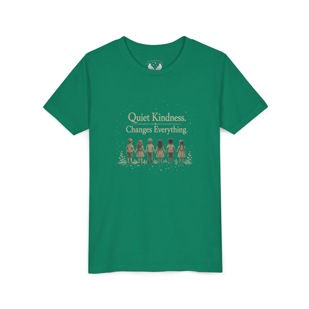 Youth “Quiet Kindness Changes Everything” Tee – Kids Inspirational T-Shirt with Earth & Friends Graphic