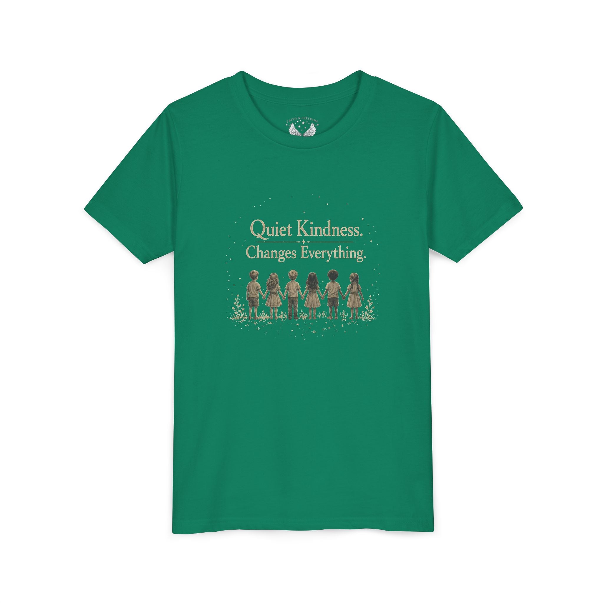 Youth “Quiet Kindness Changes Everything” Tee – Kids Inspirational T-Shirt with Earth & Friends Graphic