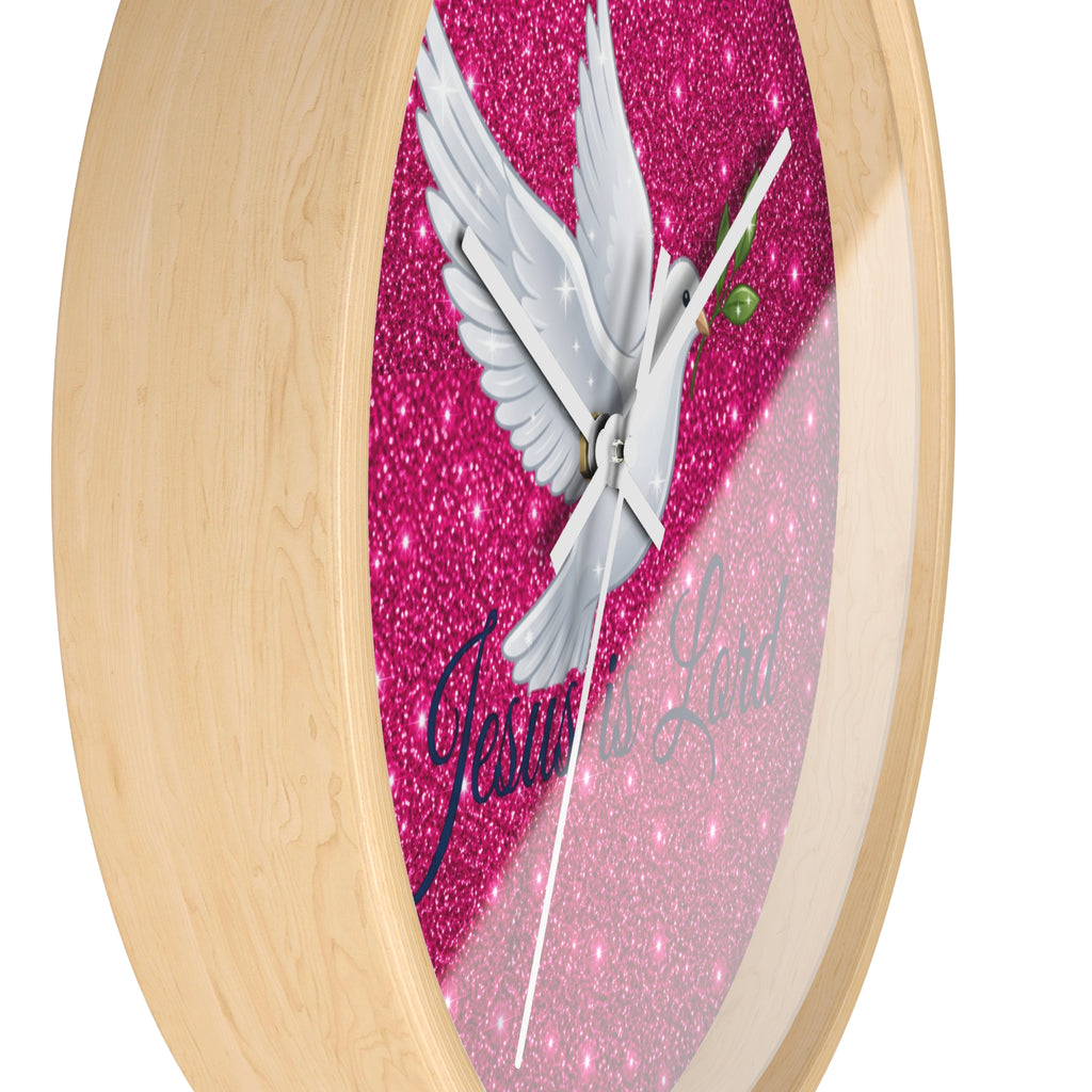 Jesus Is Lord Wall Clock | Pink Glitter Dove Christian Wall Decor | Silent Faith Clock