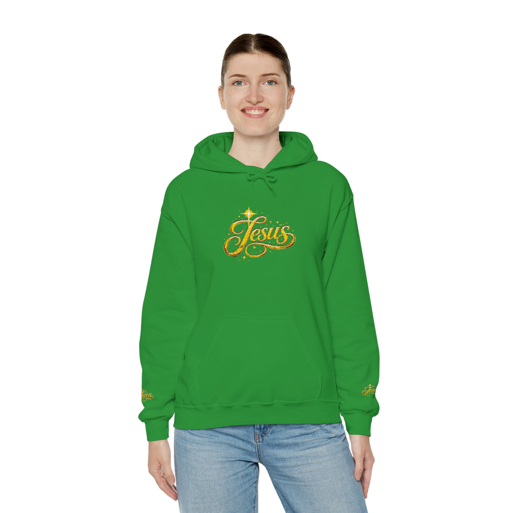 Jesus Gold Script Hoodie – Sparkle Christian Faith Pullover | Inspirational Hoodie