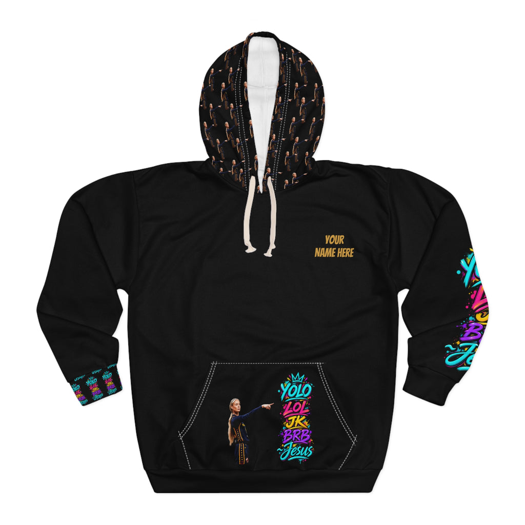 Black personalized pullover hoodie with colorful YOLO LOL JK BRB ~Jesus graffiti artwork, illustrated woman pointing toward the words, coordinating sleeve and cuff graphics, patterned hood, kangaroo pocket artwork, and custom name on the front chest.