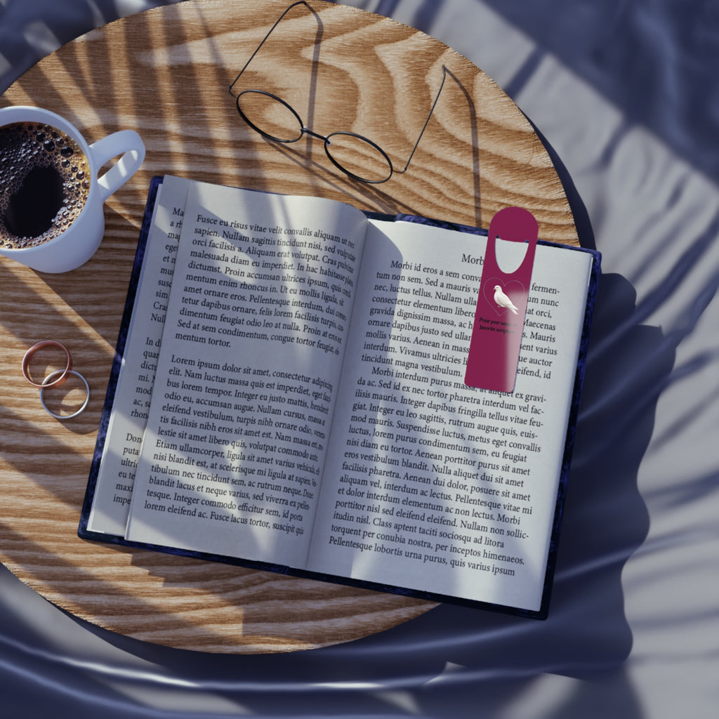 Personalized aluminum bookmark featuring a dove inside a heart design with custom name option, vibrant artwork, brushed metal backing, and secure page-holding slot for books, journals, and devotionals.