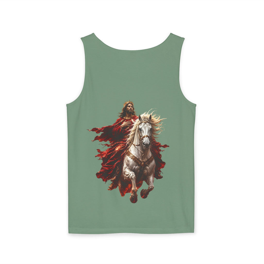 Christian tank top featuring Jesus riding a white horse with inspirational Second Coming artwork on a soft garment-dyed sleeveless shirt.