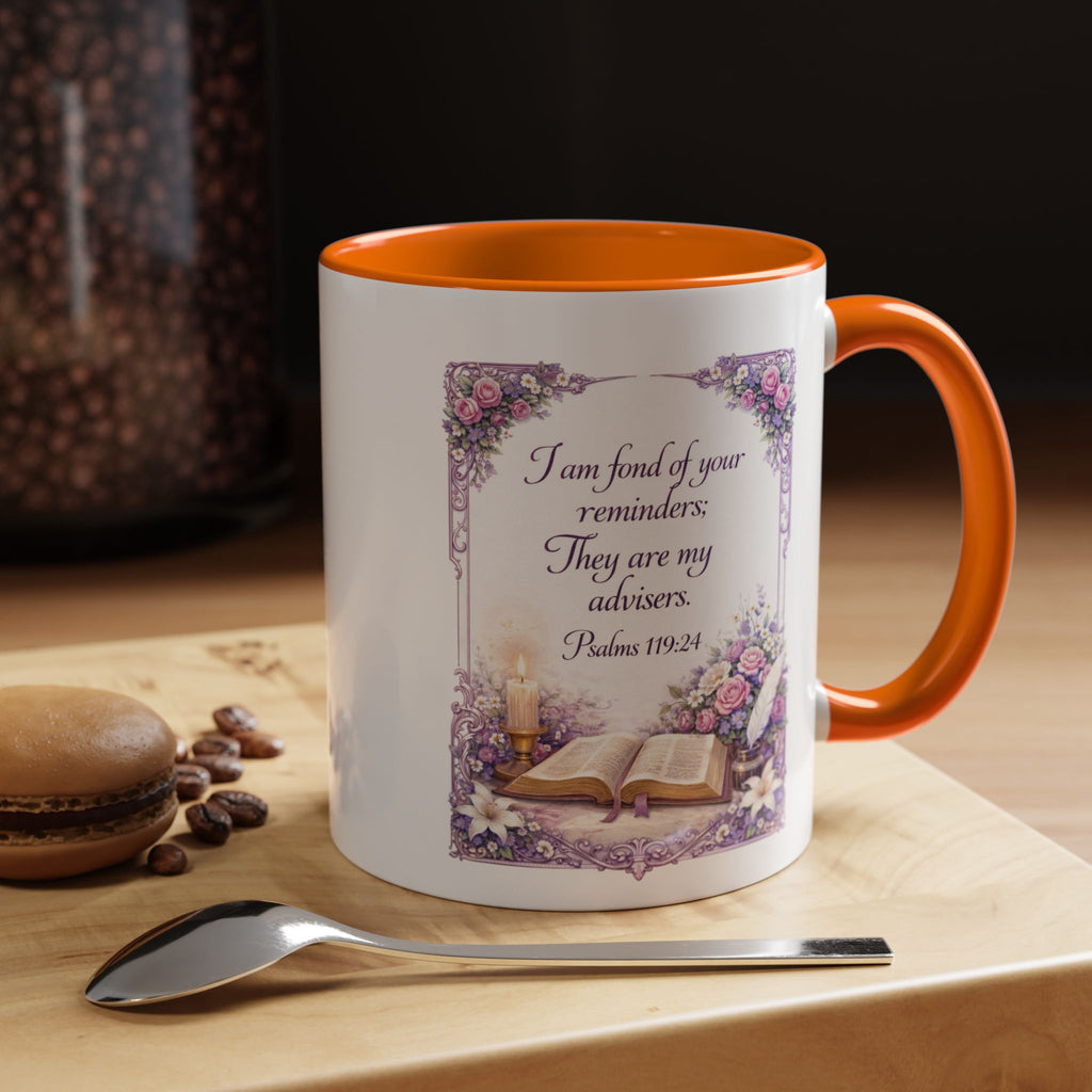Inspirational Christian ceramic accent coffee mug featuring Psalm 119:24, delicate floral artwork, and the message “I am fond of your reminders” with colorful handle and interior accents.