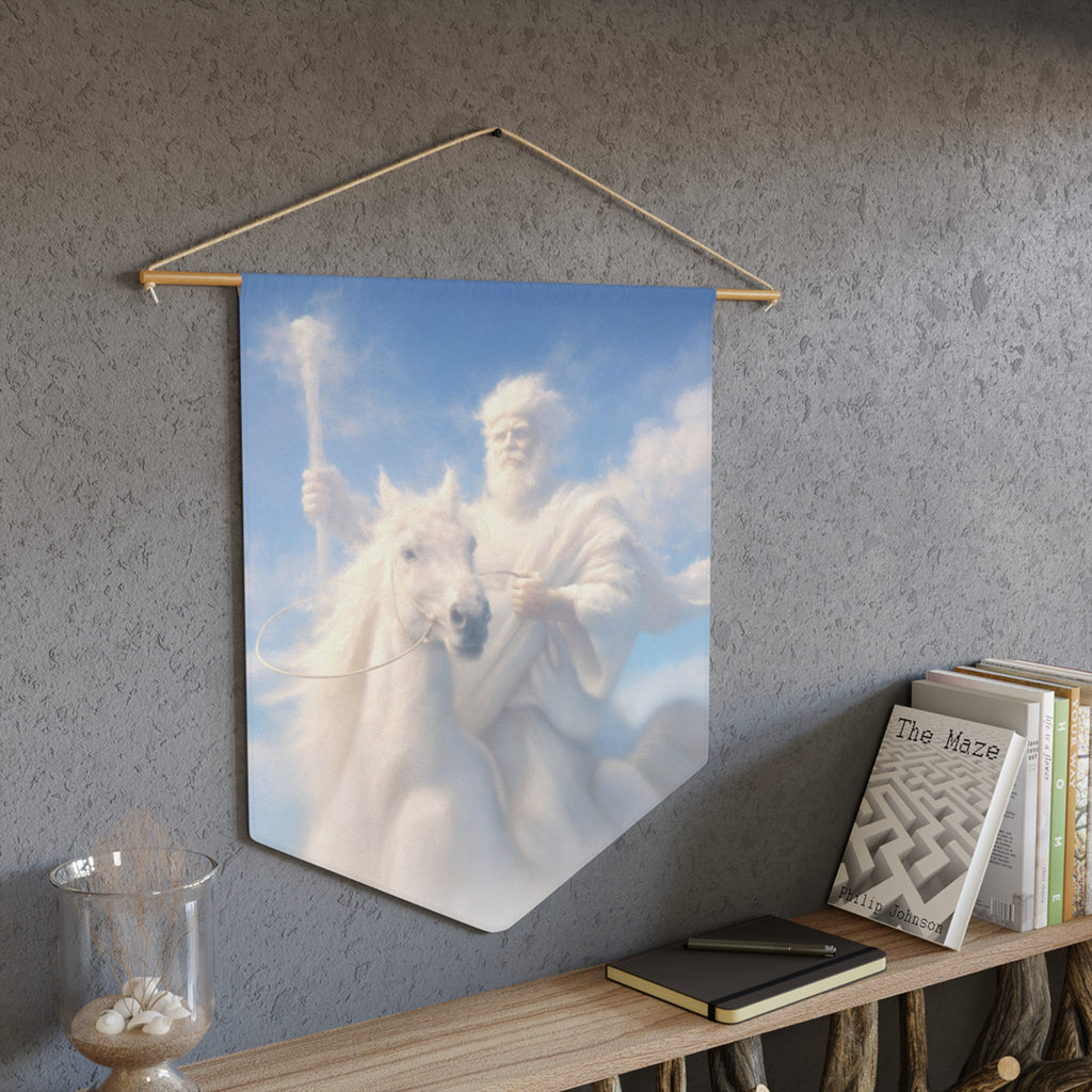 Inspirational Christian pennant featuring Jesus riding a white horse beneath glowing skies with rustic farmhouse-style devotional artwork.