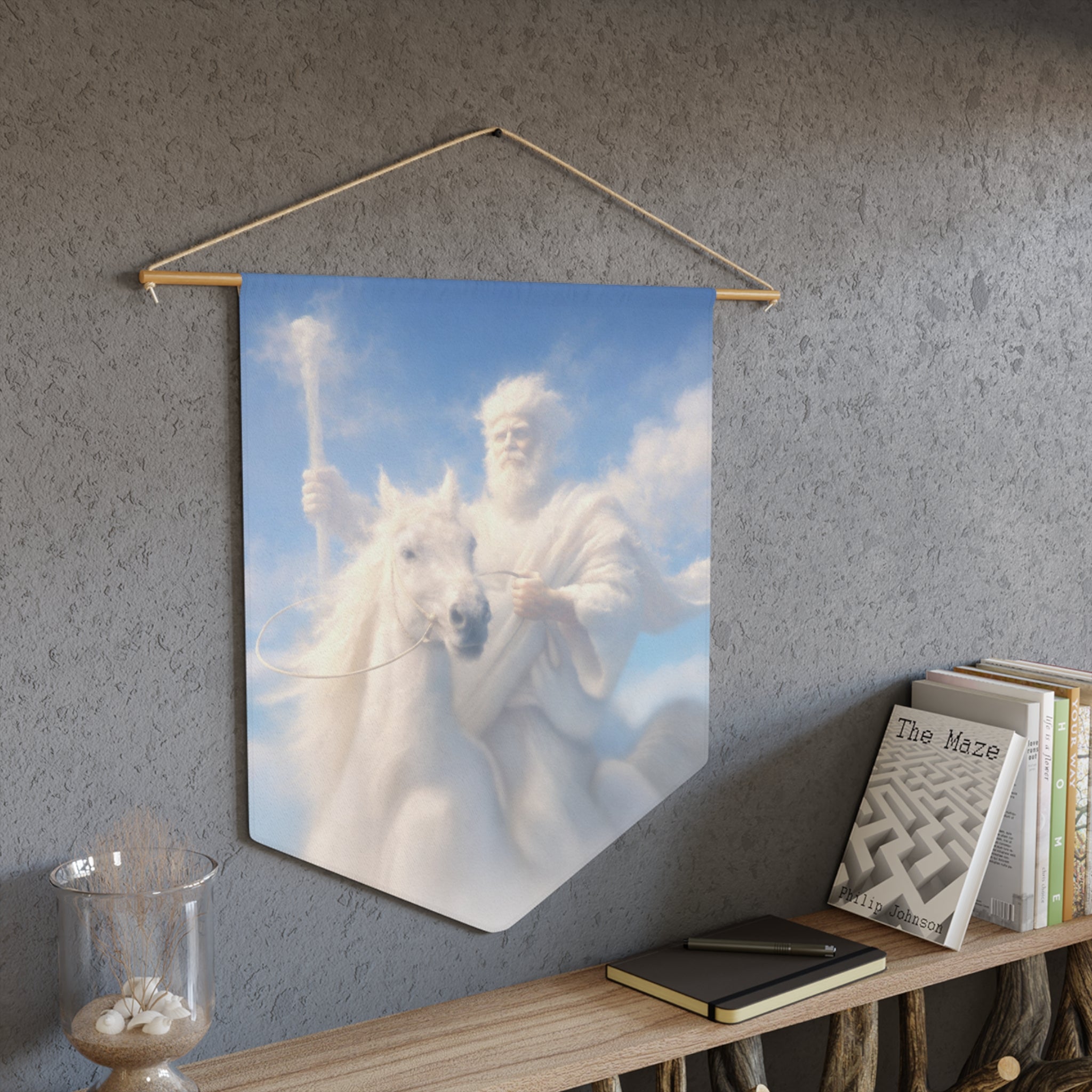 Inspirational Christian pennant featuring Jesus riding a white horse beneath glowing skies with rustic farmhouse-style devotional artwork.